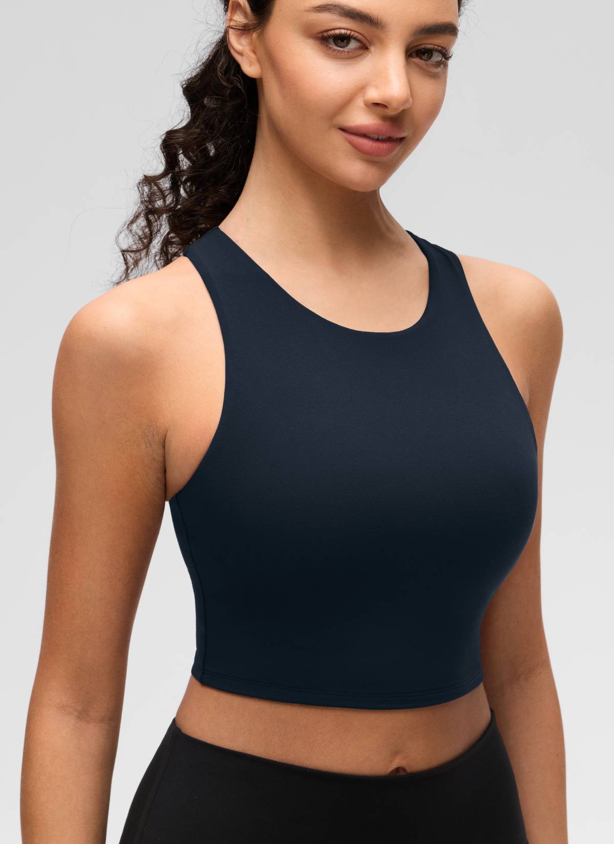 CRZ YOGA  Áo thun không tay dành cho nữ tập yoga, cổ cao, lưng khoét sâu, độ hỗ trợ thấp, màu xanh navy đậm ( Butterluxe )