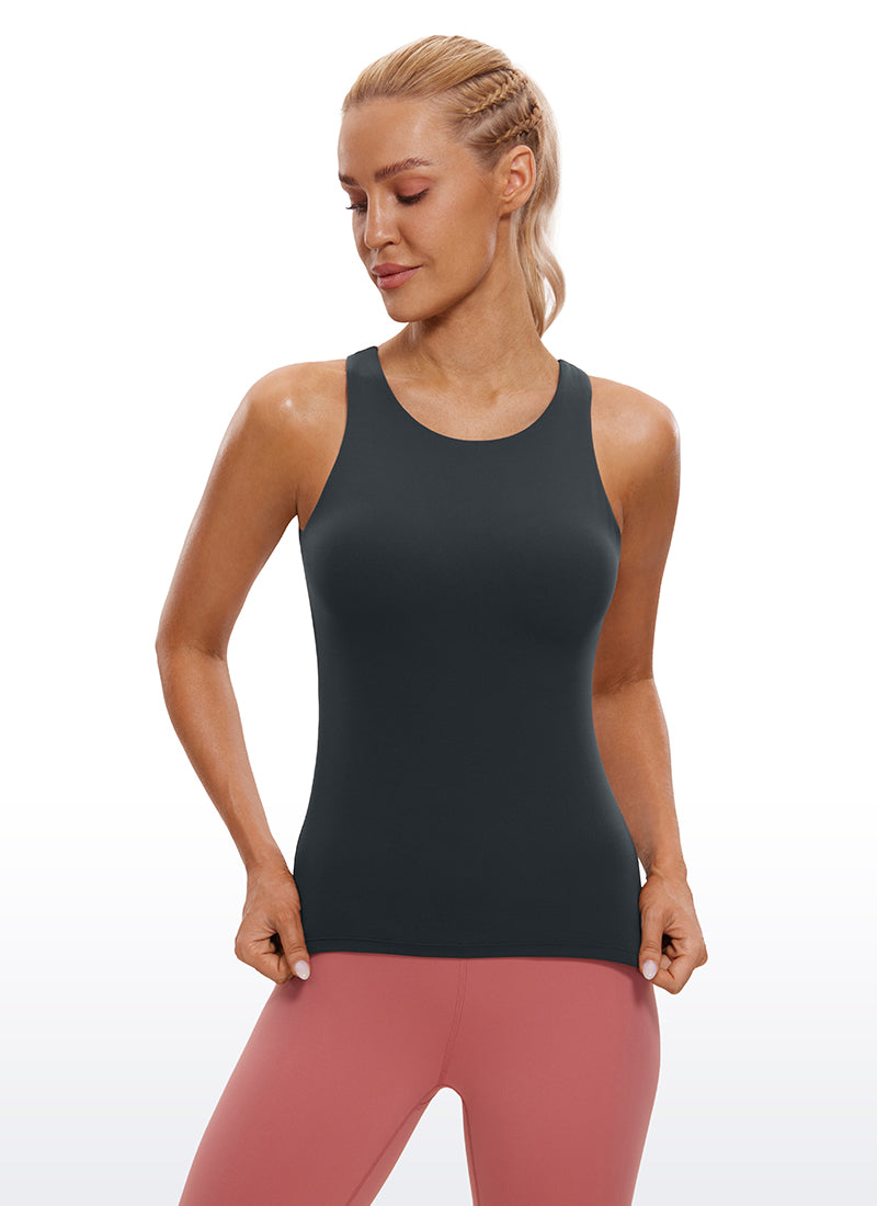 CRZ YOGA Áo thun không tay dành cho nữ với thiết kế “ Butterluxe ”, áo lót tích hợp, cổ cao và lưng chéo Melanite