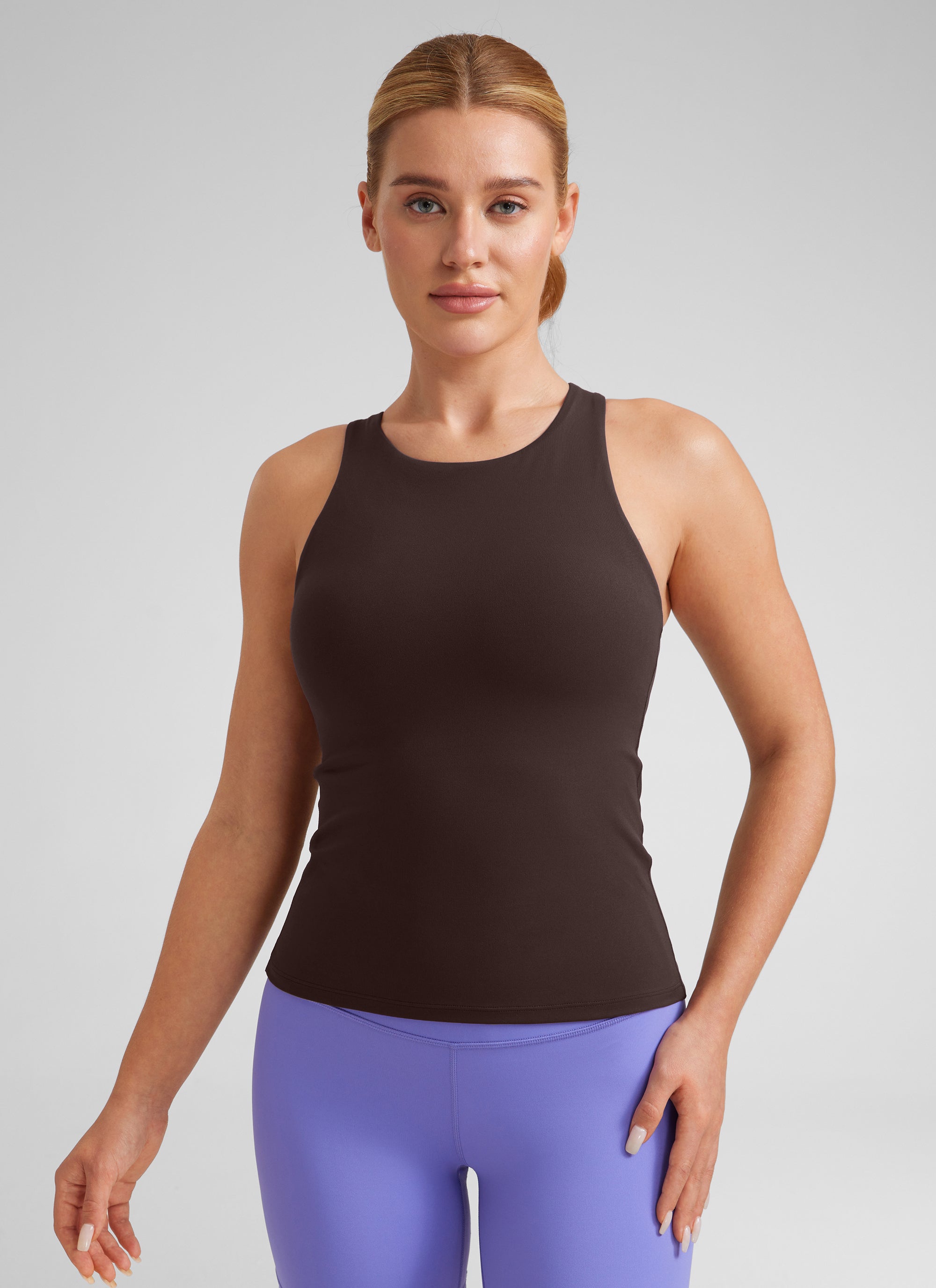 CRZ YOGA Women's Butterluxe Built-in Bra High Neck Racerback Tank Hot Fudge Brown