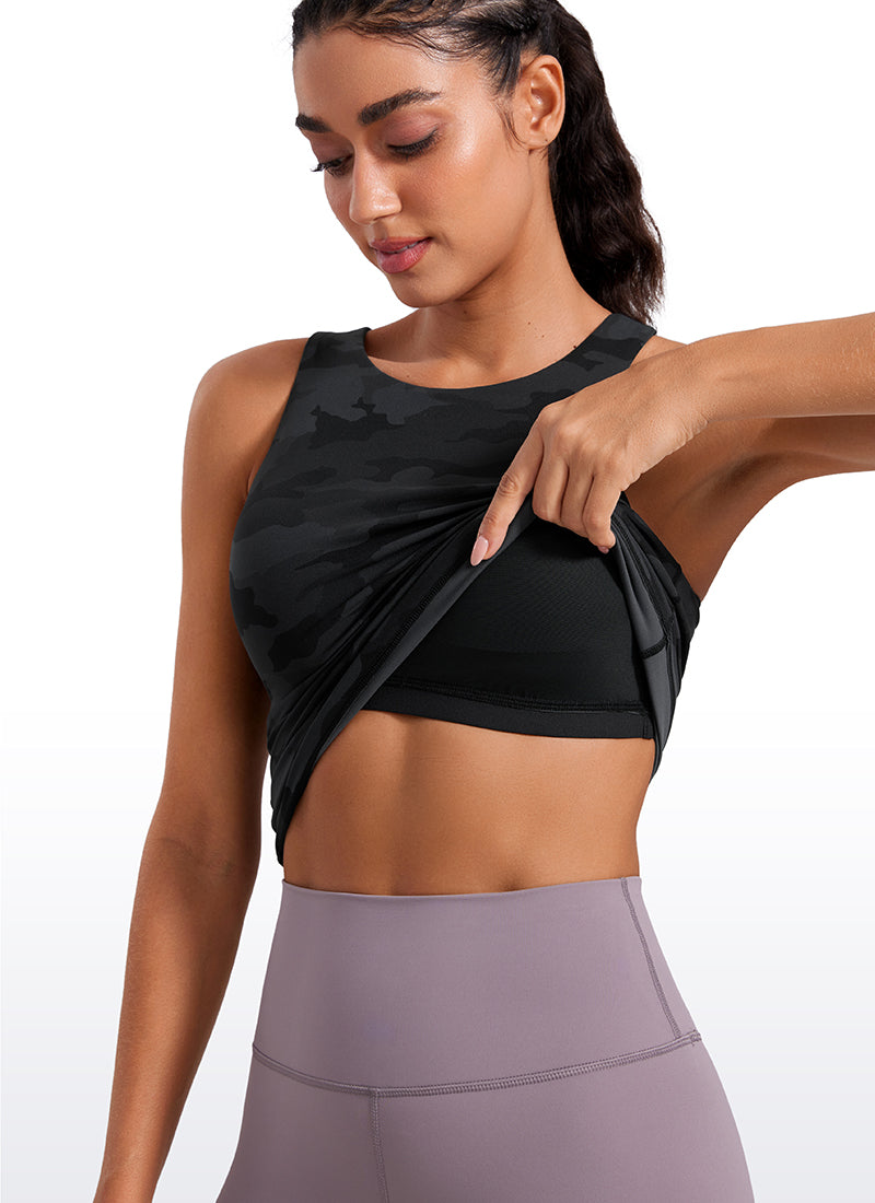 CRZ YOGA Áo thun không tay dành cho nữ kiểu " Butterluxe " có áo lót tích hợp, cổ cao, lưng khoét hình chữ V, màu xám đậm họa tiết ngụy trang 2