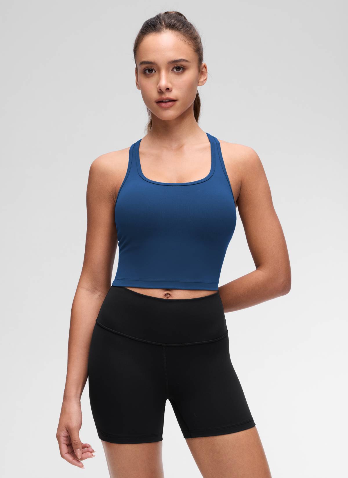 CRZ YOGA Áo lót thể thao dành cho nữ tập yoga, độ nâng đỡ thấp, kiểu cổ tròn và lưng chữ Y, màu Xanh hải quân kiểu Pháp ( Butterluxe )