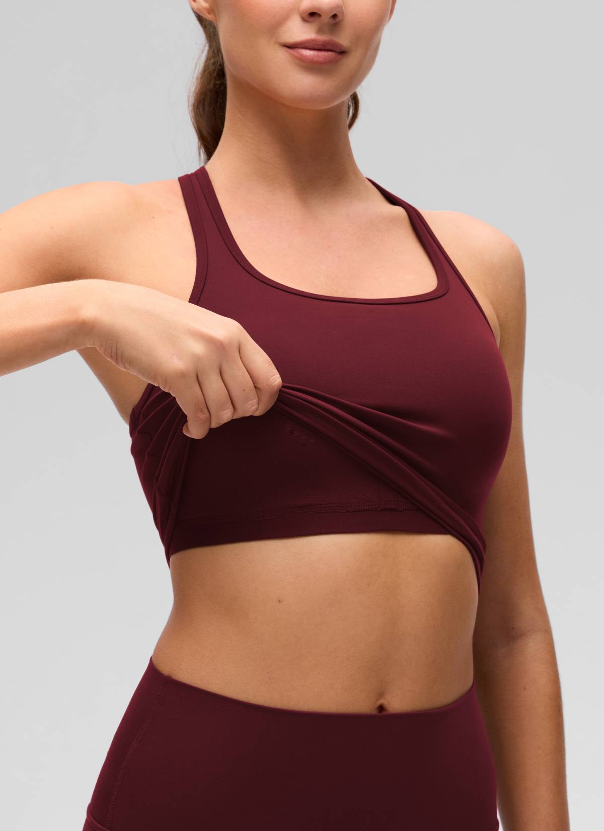 CRZ YOGA Áo lót yoga dành cho nữ, độ nâng đỡ thấp, kiểu cổ tròn và lưng chữ Y, màu Đỏ Merlot Butterluxe
