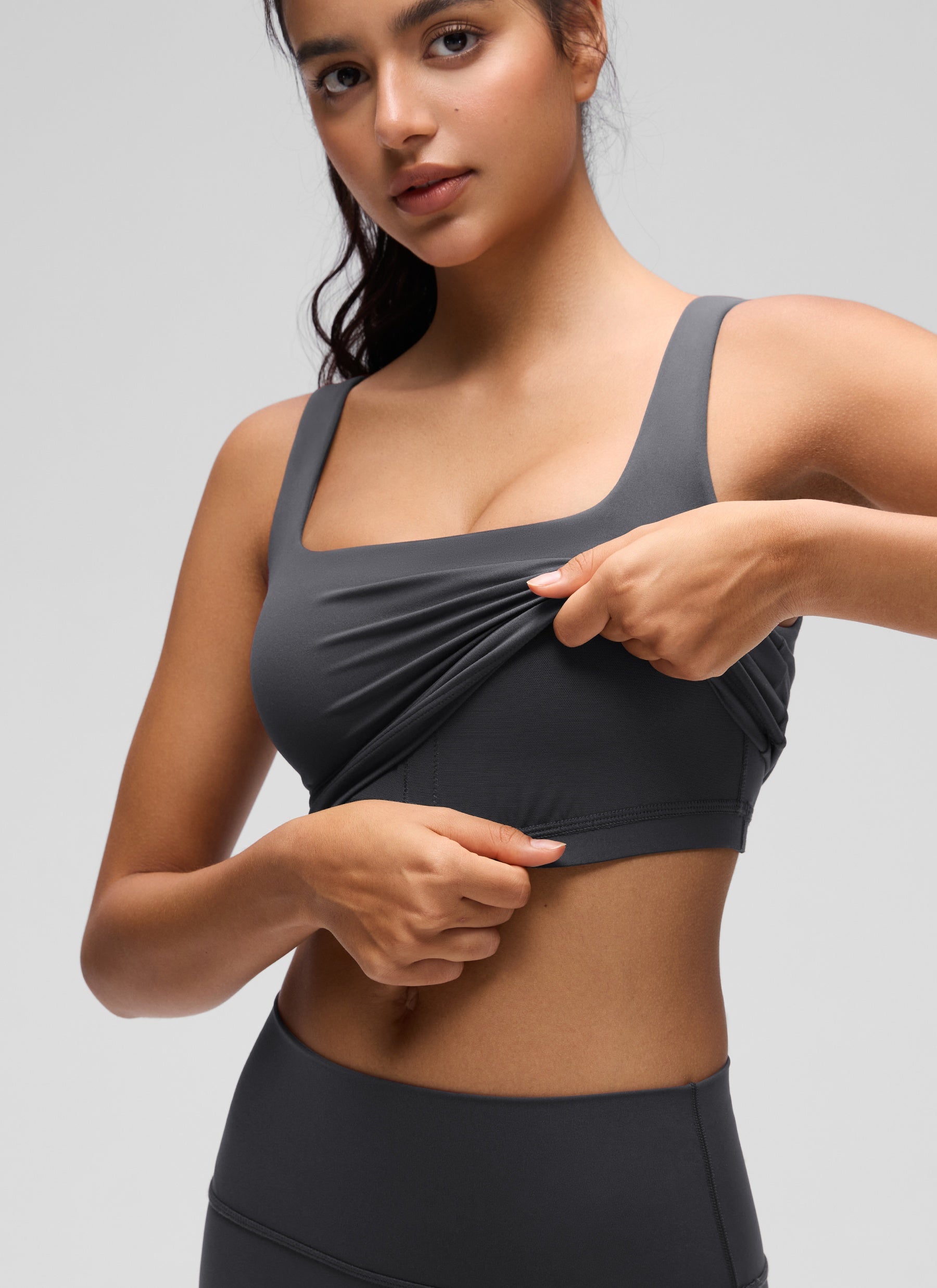 CRZ YOGA Áo lót thể thao dài dành cho nữ tập yoga, kiểu dáng ôm sát ( Butterluxe ), cổ vuông, màu xám huyền bí