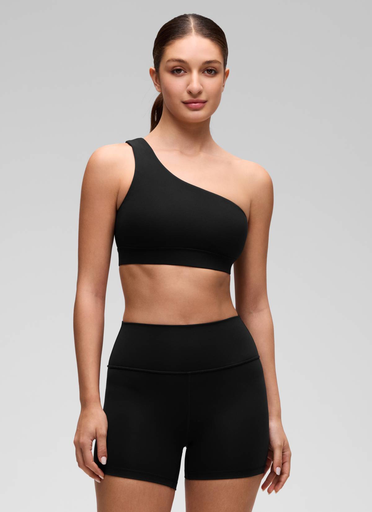 CRZ YOGA Butterluxe Áo lót thể thao một vai dành cho nữ, thiết kế bất đối xứng, có đệm, màu đen