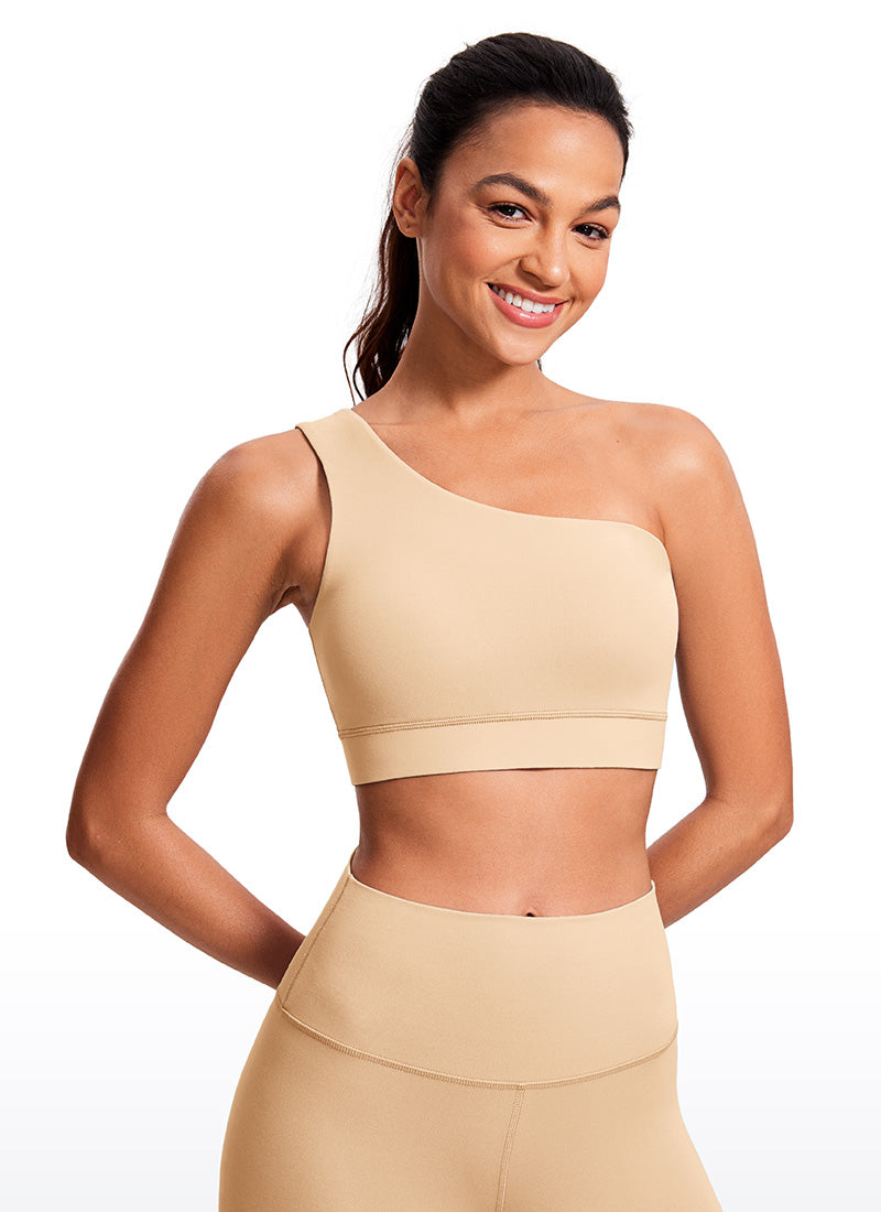 CRZ YOGA Áo lót thể thao một vai dành cho nữ “ Butterluxe ” kiểu bất đối xứng, có đệm, màu nâu nhạt “Milkshake”