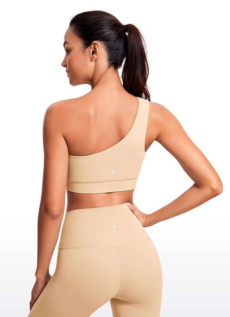 CRZ YOGA Áo lót thể thao một vai dành cho nữ “ Butterluxe ” kiểu bất đối xứng, có đệm, màu nâu nhạt “Milkshake”