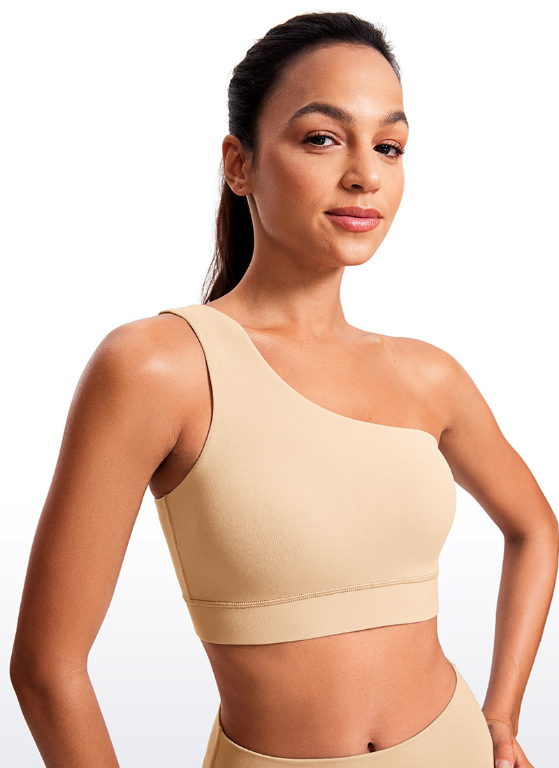 CRZ YOGA Áo lót thể thao một vai dành cho nữ “ Butterluxe ” kiểu bất đối xứng, có đệm, màu nâu nhạt “Milkshake”