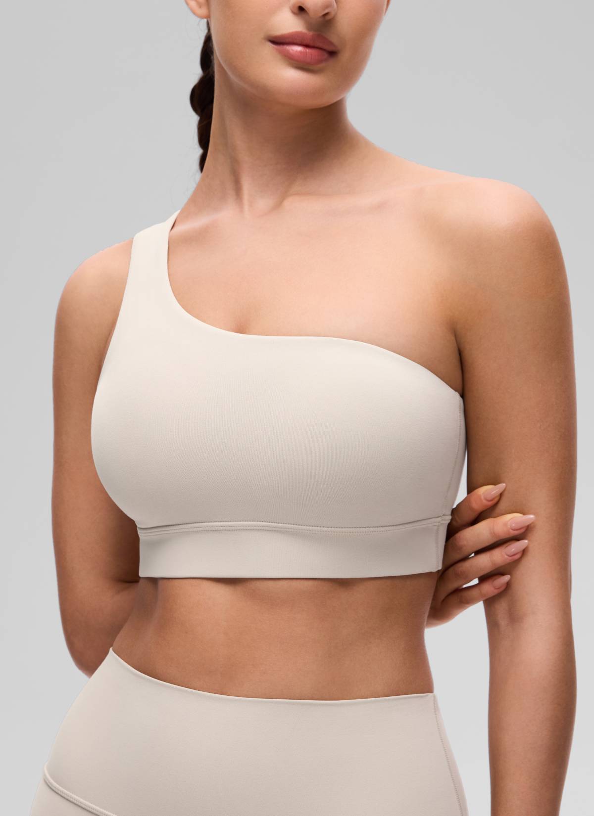 CRZ YOGA Butterluxe Áo lót thể thao một vai dành cho nữ, kiểu bất đối xứng, có đệm, màu Mojave Tan