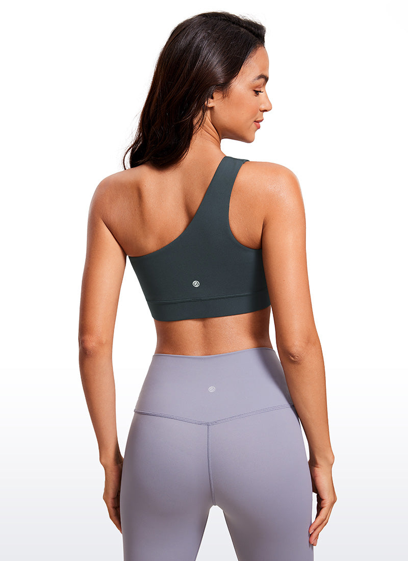 CRZ YOGA Butterluxe Womens One Shoulder Sports Bra Asymmetrical Padded Dark Green