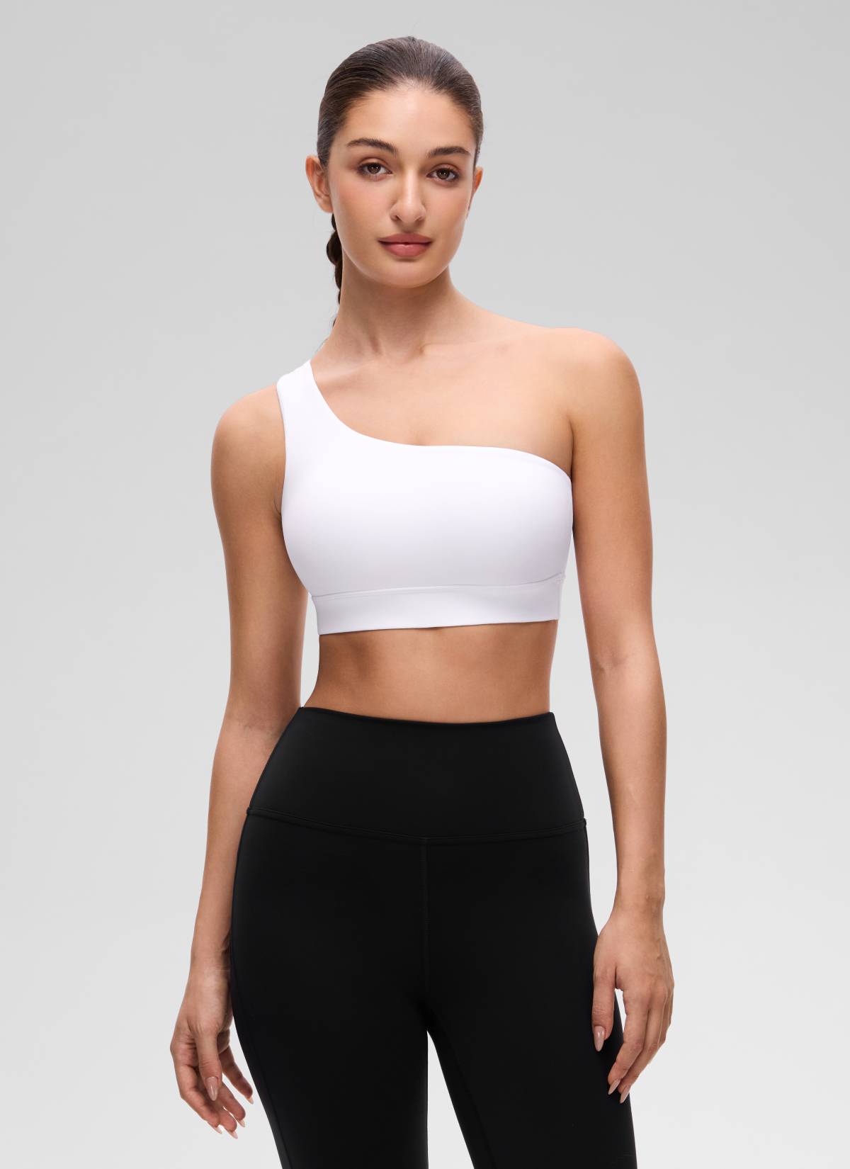 CRZ YOGA Butterluxe Áo lót thể thao một vai dành cho nữ, kiểu bất đối xứng, có đệm, màu trắng