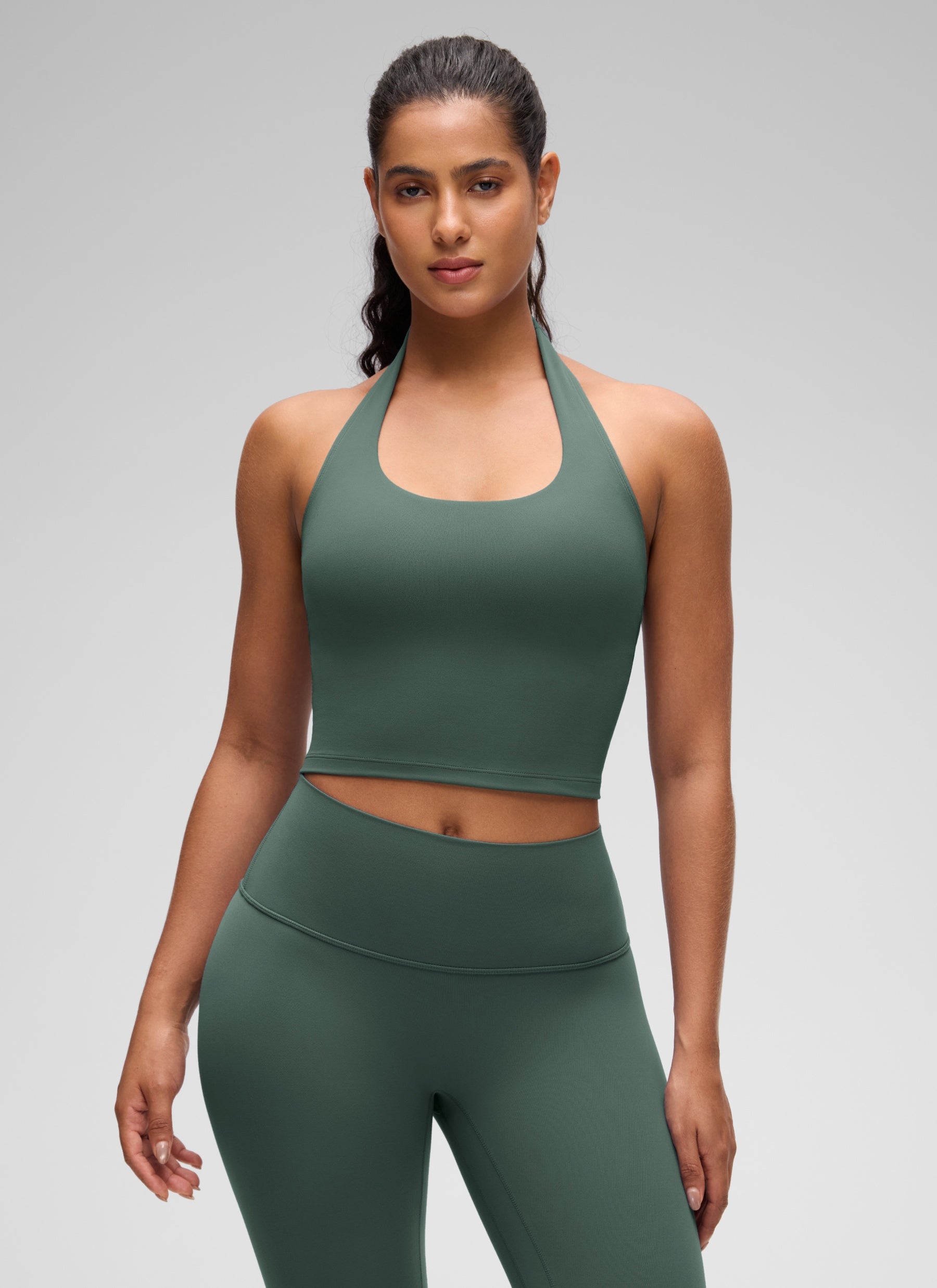 CRZ YOGA Áo lót thể thao kiểu halter dáng dài dành cho nữ, kết hợp áo crop top, họa tiết “ Butterluxe ”, màu xanh lá rừng đậm