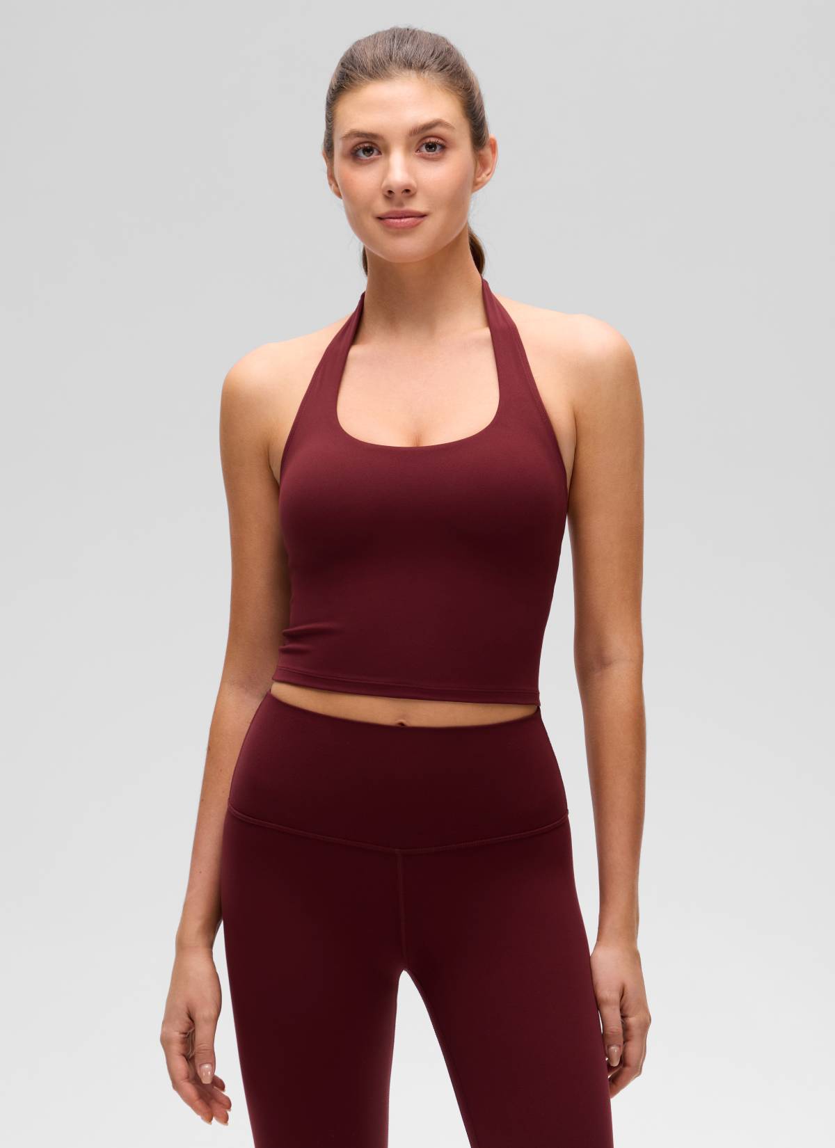 CRZ YOGA Áo lót thể thao kiểu halter dáng dài dành cho nữ, áo crop top thể thao " Butterluxe ", màu Đỏ Merlot