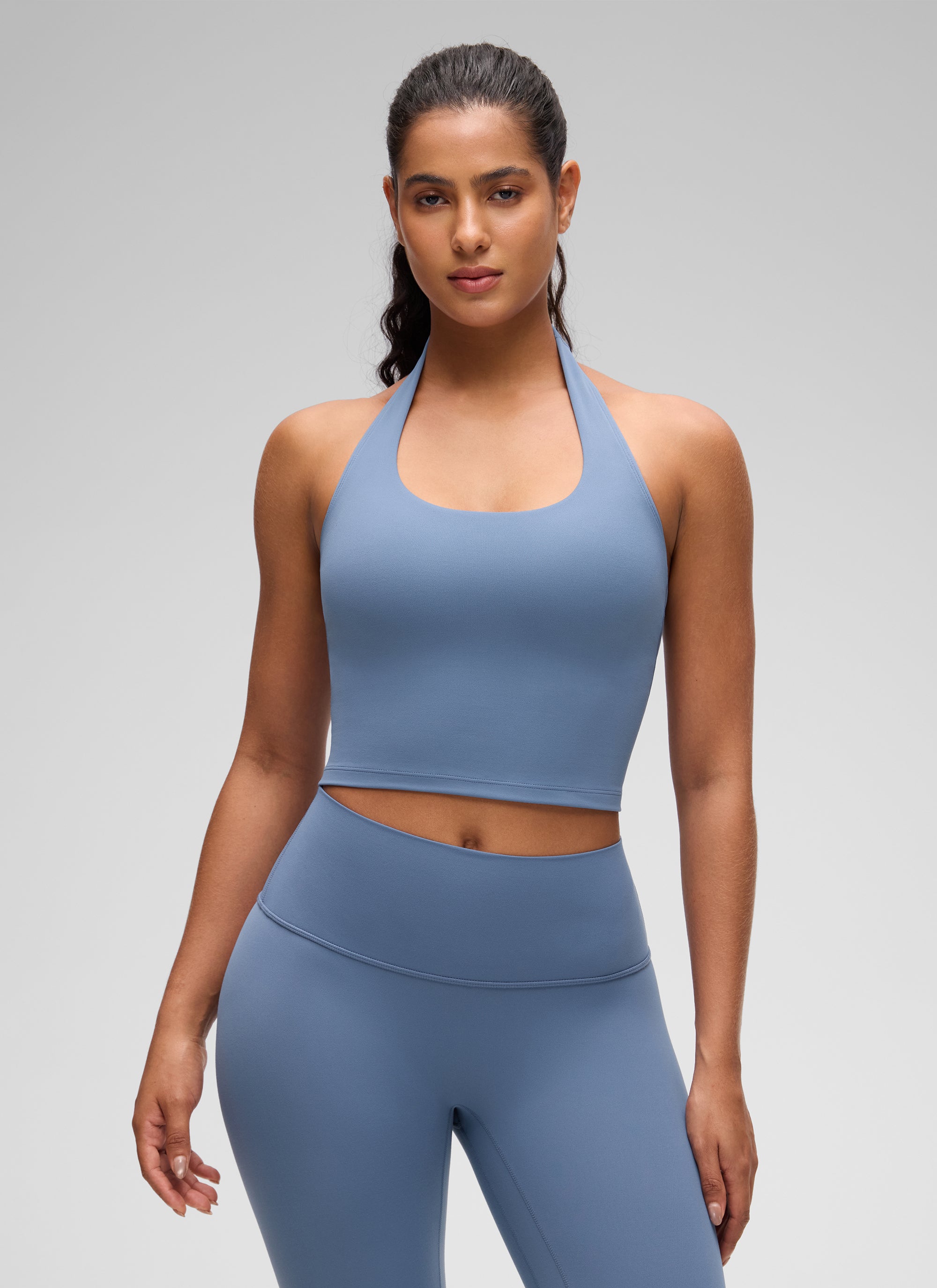 CRZ YOGA - Áo lót thể thao kiểu halter dáng dài dành cho nữ, họa tiết " Butterluxe ", áo crop top, chất liệu denim đã qua xử lý