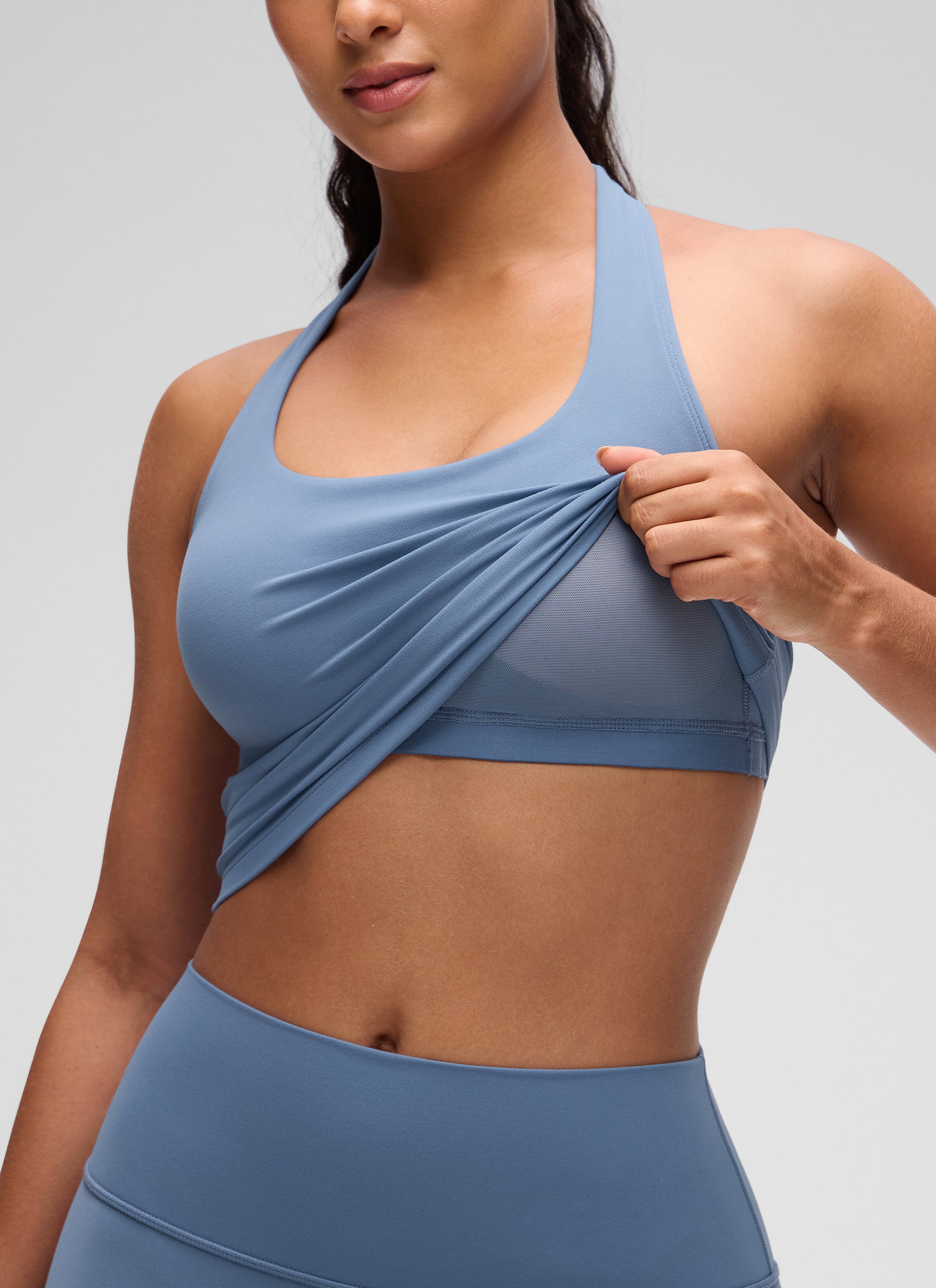 CRZ YOGA - Áo lót thể thao kiểu halter dáng dài dành cho nữ, họa tiết " Butterluxe ", áo crop top, chất liệu denim đã qua xử lý
