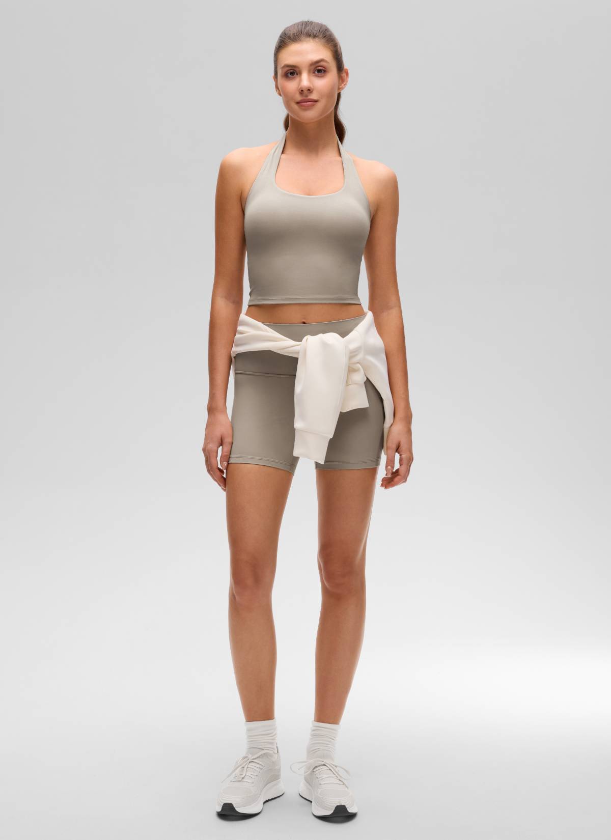 Butterluxe CRZ YOGA Áo lót thể thao kiểu halter dáng dài dành cho nữ, kết hợp áo crop top, màu xám tro ấm