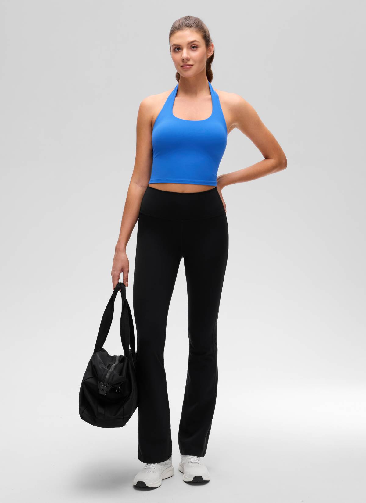 Butterluxe CRZ YOGA - Áo lót thể thao kiểu halter dáng dài dành cho nữ, kết hợp áo crop top, họa tiết lấp lánh màu xanh dương