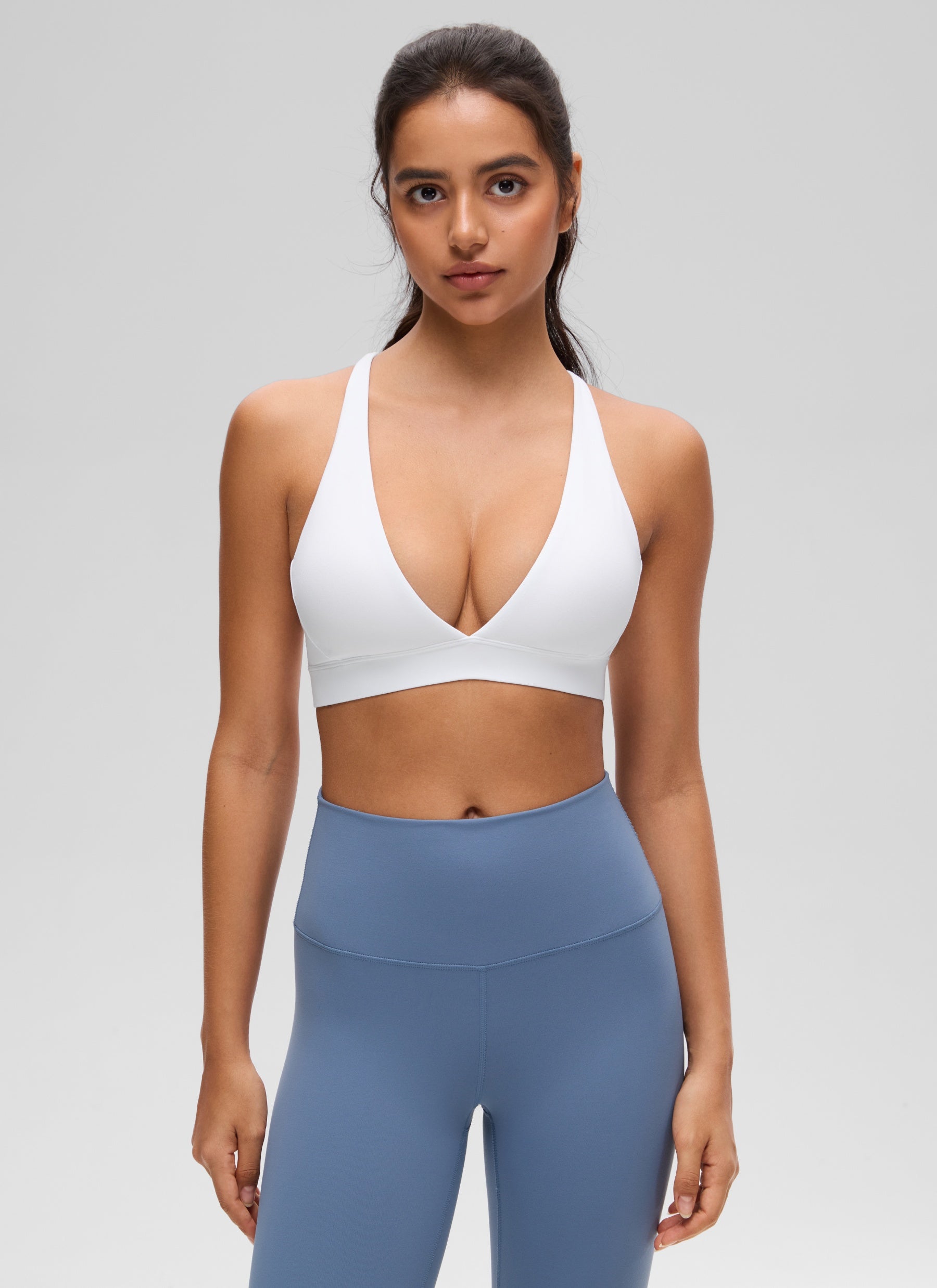 CRZ YOGA Women's Light Support Butterluxe Yoga Bra Strappy back V Neck White