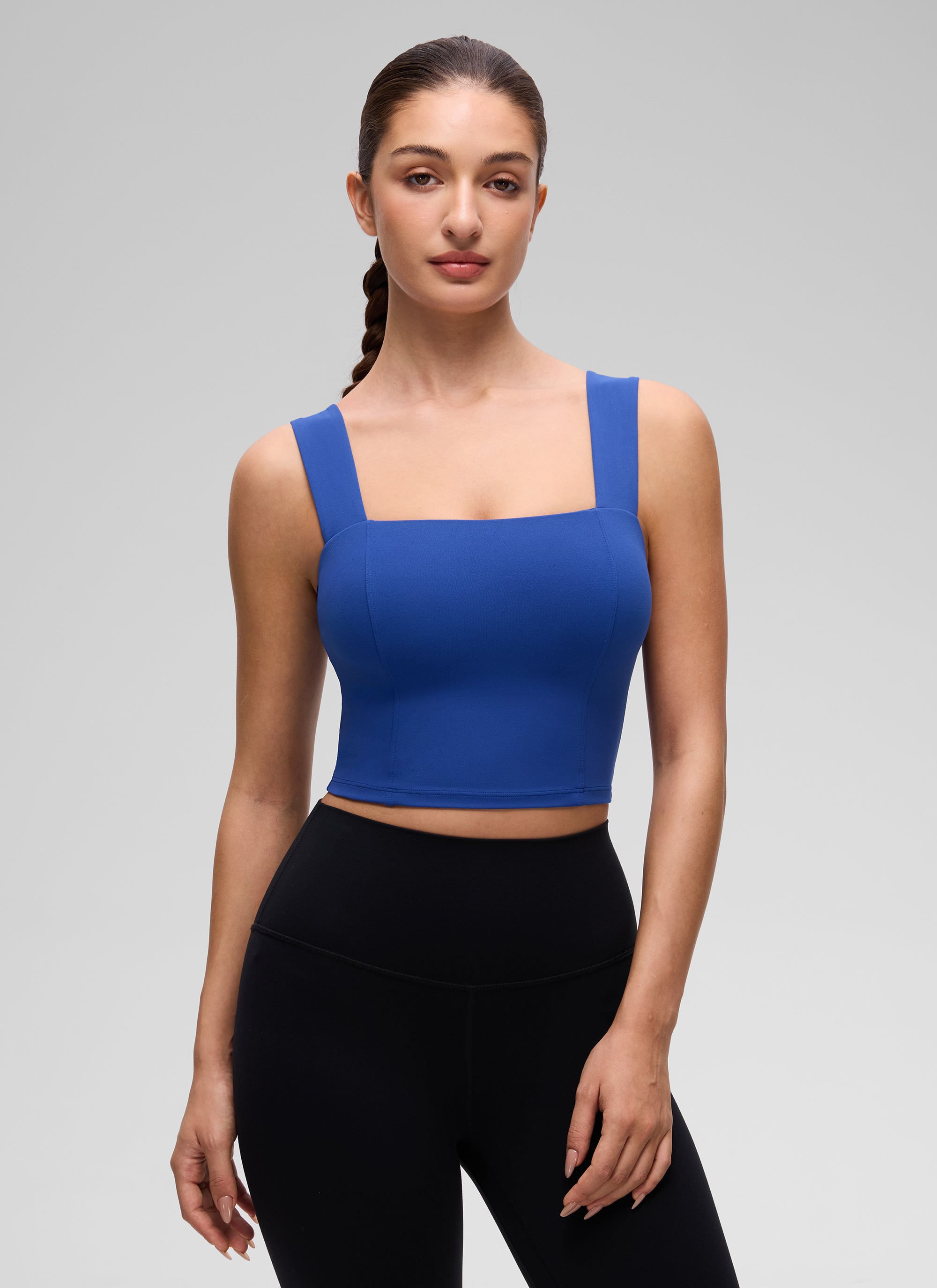 Butterluxe CRZ YOGA Áo thun crop-top cổ vuông dành cho nữ, có áo lót tích hợp, họa tiết sóng, màu xanh dương