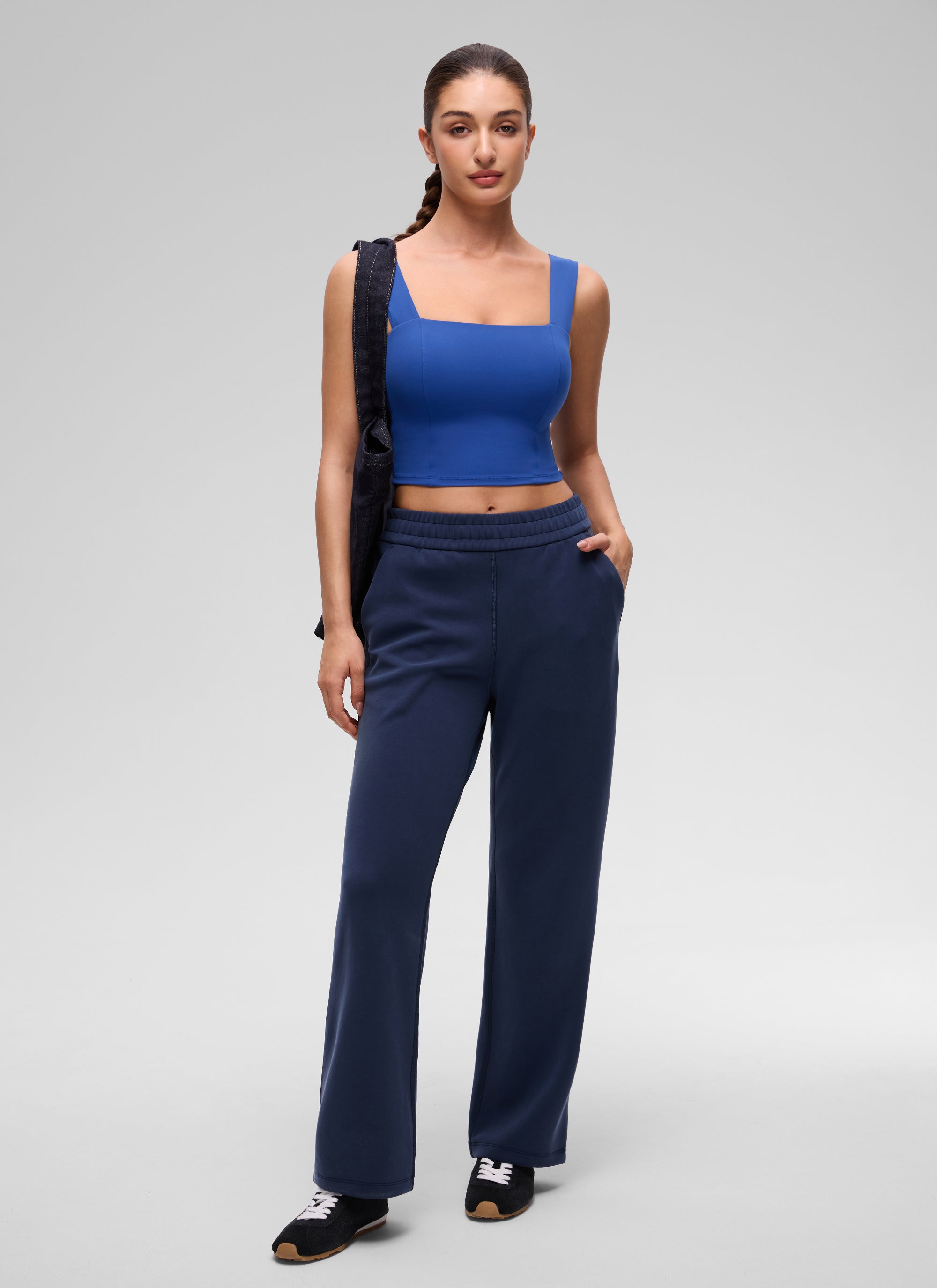 Butterluxe CRZ YOGA Áo thun crop-top cổ vuông dành cho nữ, có áo lót tích hợp, họa tiết sóng, màu xanh dương
