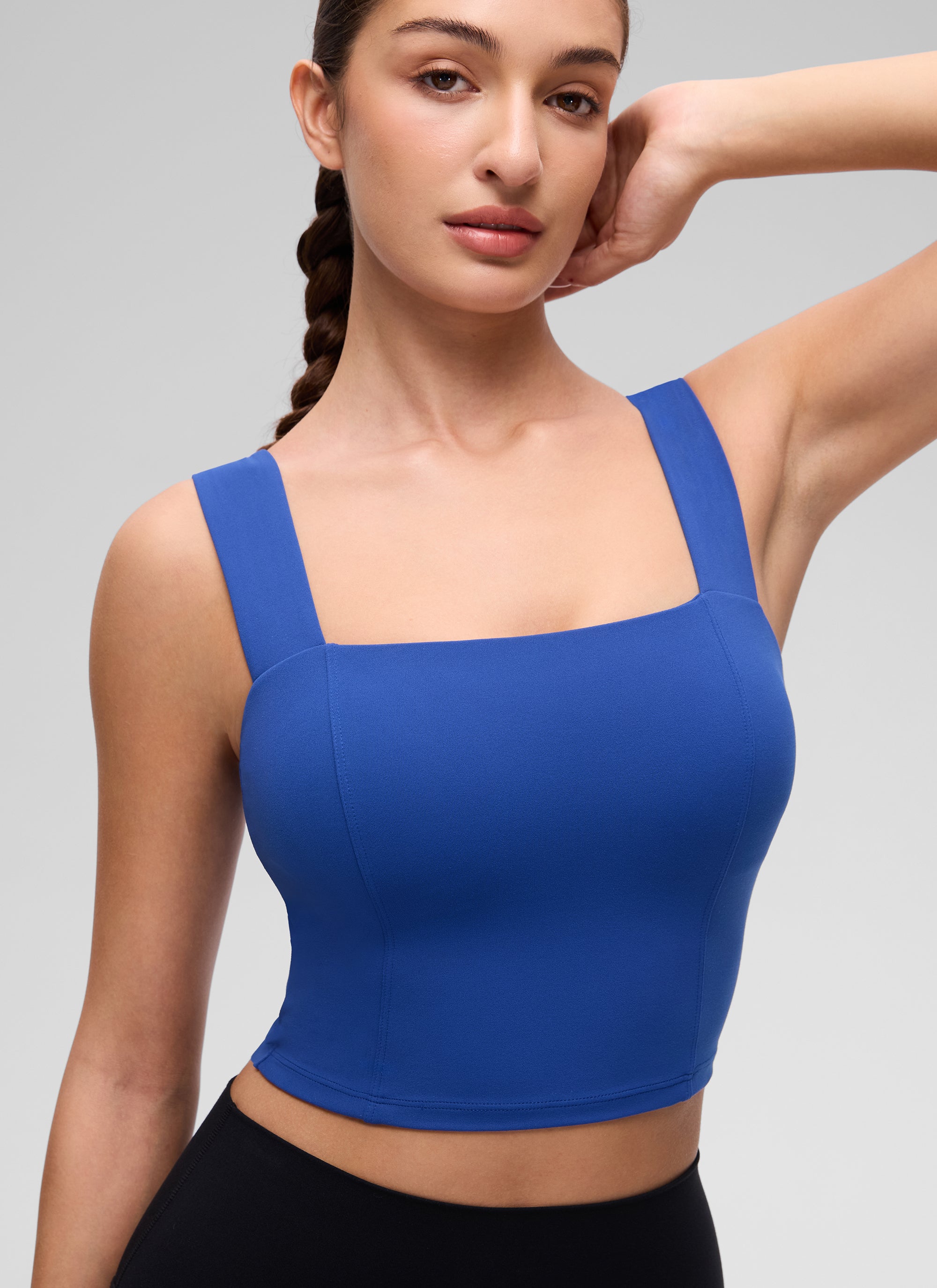 Butterluxe CRZ YOGA Áo thun crop-top cổ vuông dành cho nữ, có áo lót tích hợp, họa tiết sóng, màu xanh dương