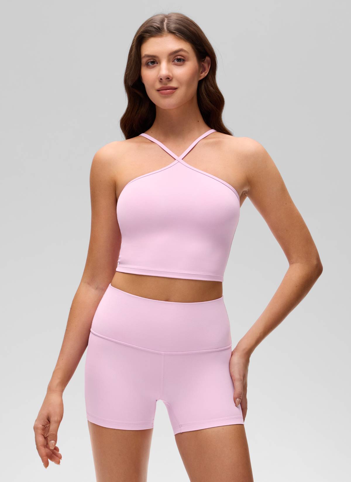 Butterluxe CRZ YOGA Áo thun yoga ngắn cổ chéo kiểu halter dành cho nữ, tích hợp áo lót, màu hồng Vita