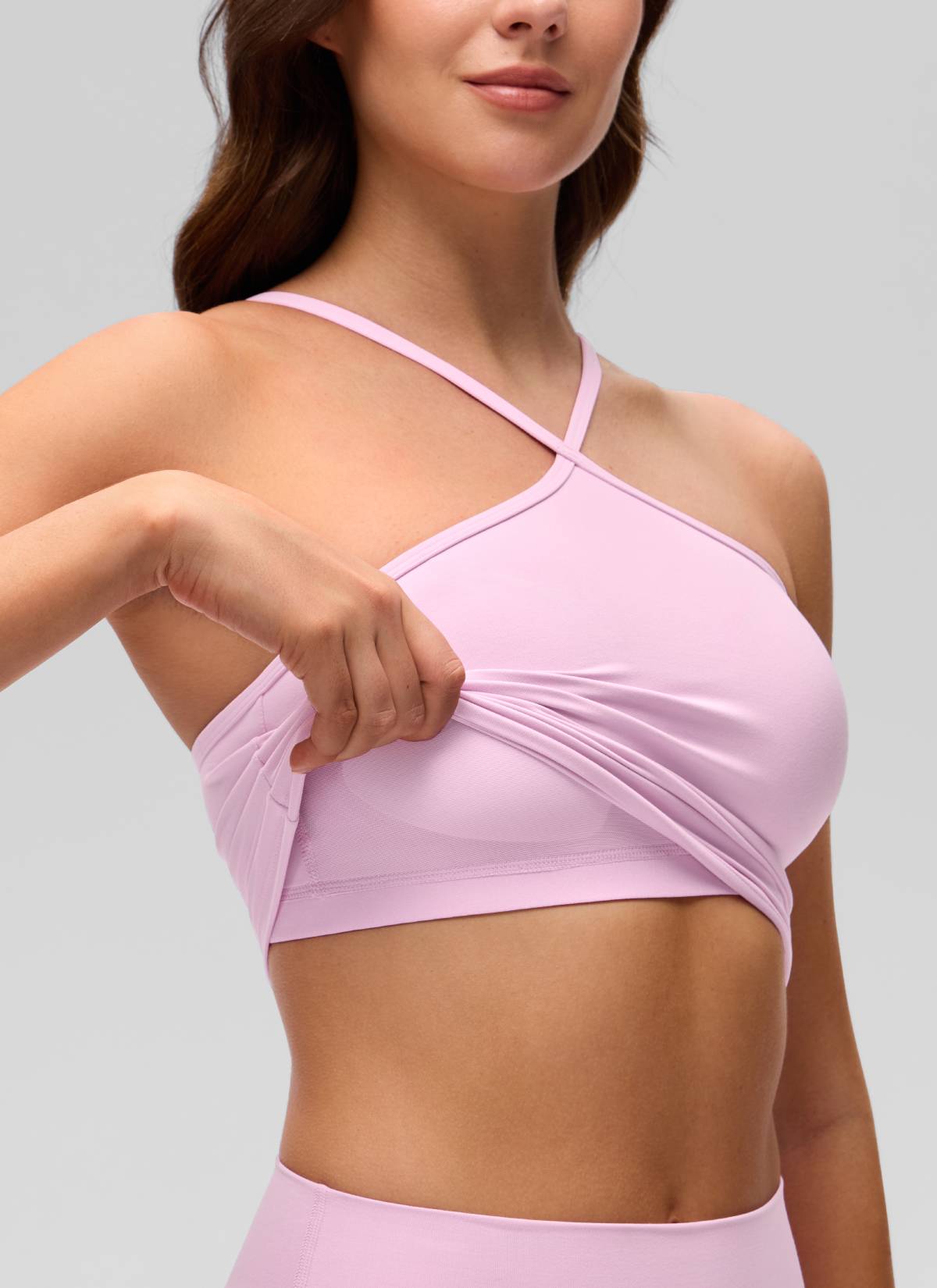 Butterluxe CRZ YOGA Áo thun yoga ngắn cổ chéo kiểu halter dành cho nữ, tích hợp áo lót, màu hồng Vita