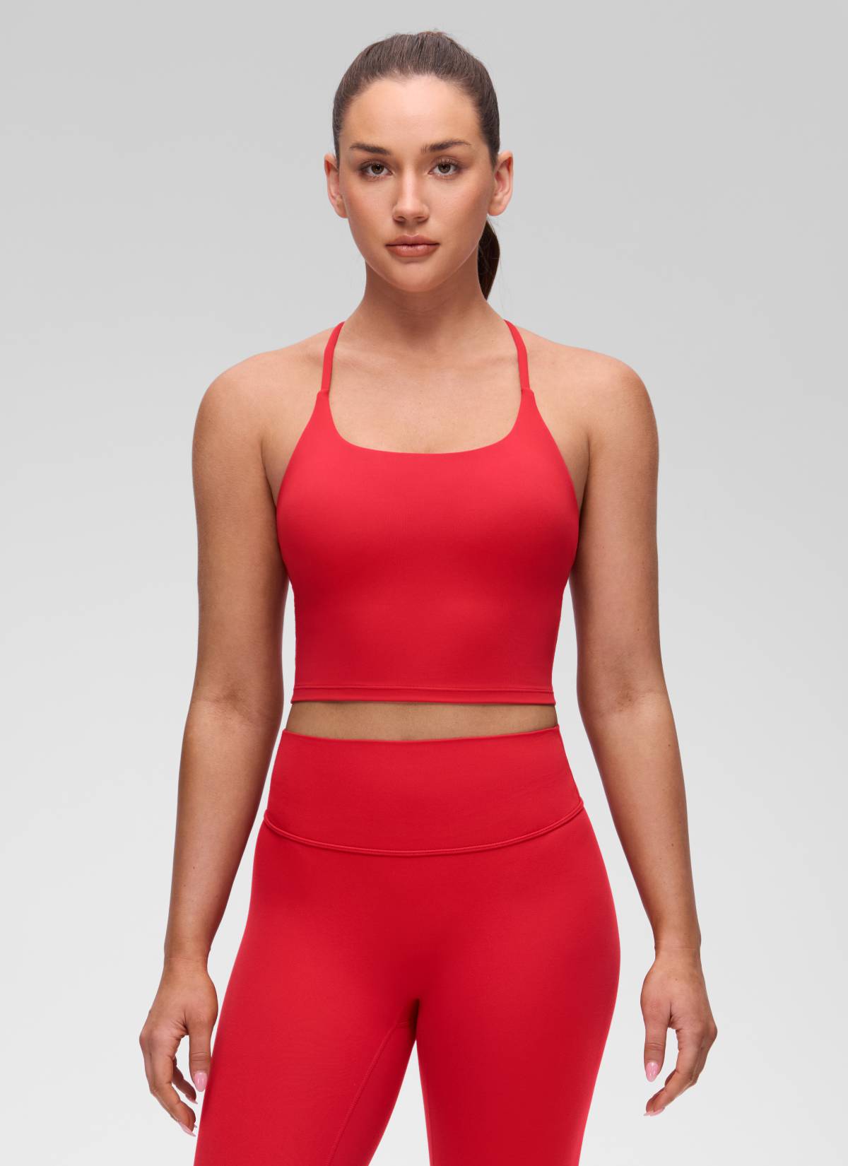CRZ YOGA Áo thun nữ cổ chữ U, thiết kế xoắn lưng chéo, có áo lót tích hợp, họa tiết “ Butterluxe ”, màu Đỏ Aurora
