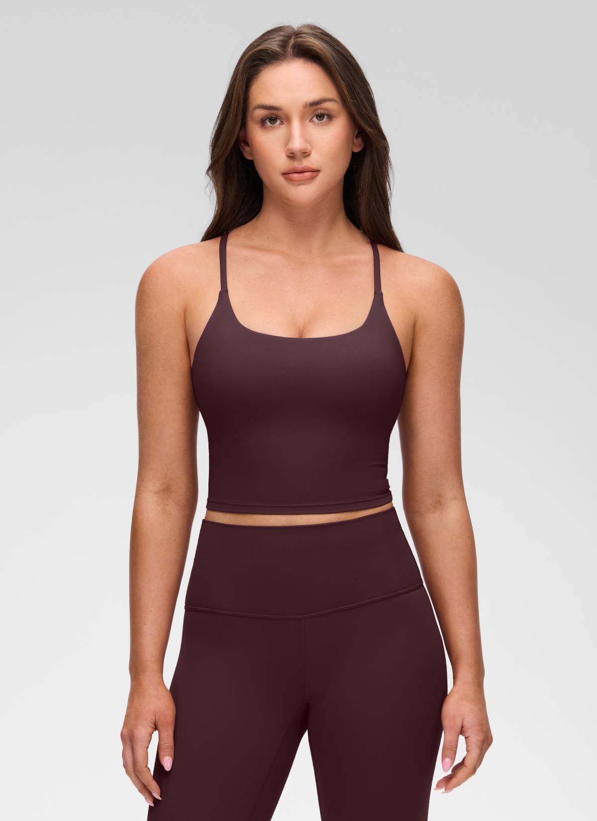 CRZ YOGA Áo thun nữ cổ chữ U, thiết kế xoắn lưng chéo, có áo lót tích hợp, họa tiết “ Butterluxe ”, màu Ripe Plum