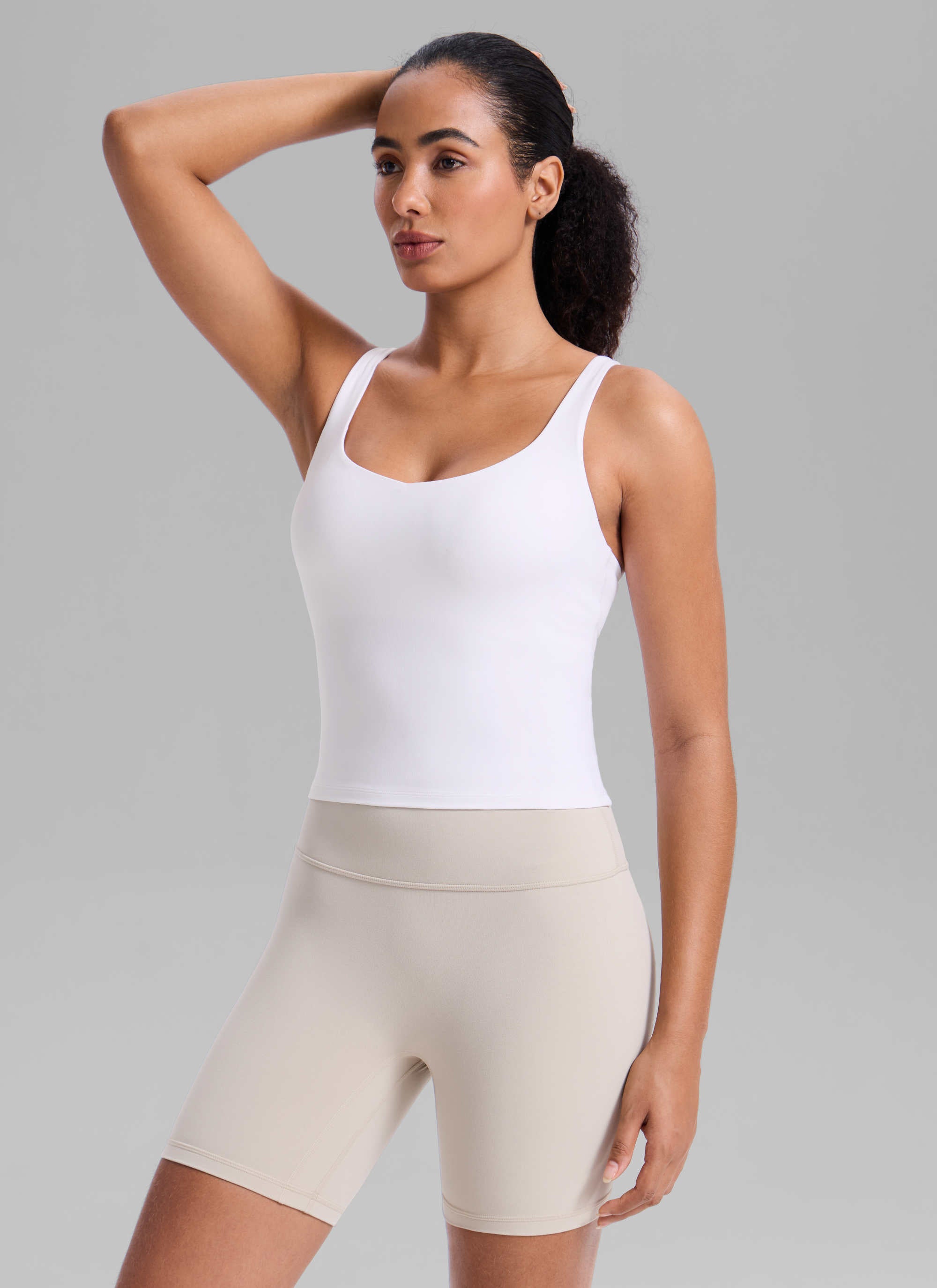 CRZ YOGA Áo thun tập luyện dành cho nữ kiểu cổ chữ V, lưng khoét sâu, có áo lót tích hợp, màu trắng - Dòng " Butterlift "