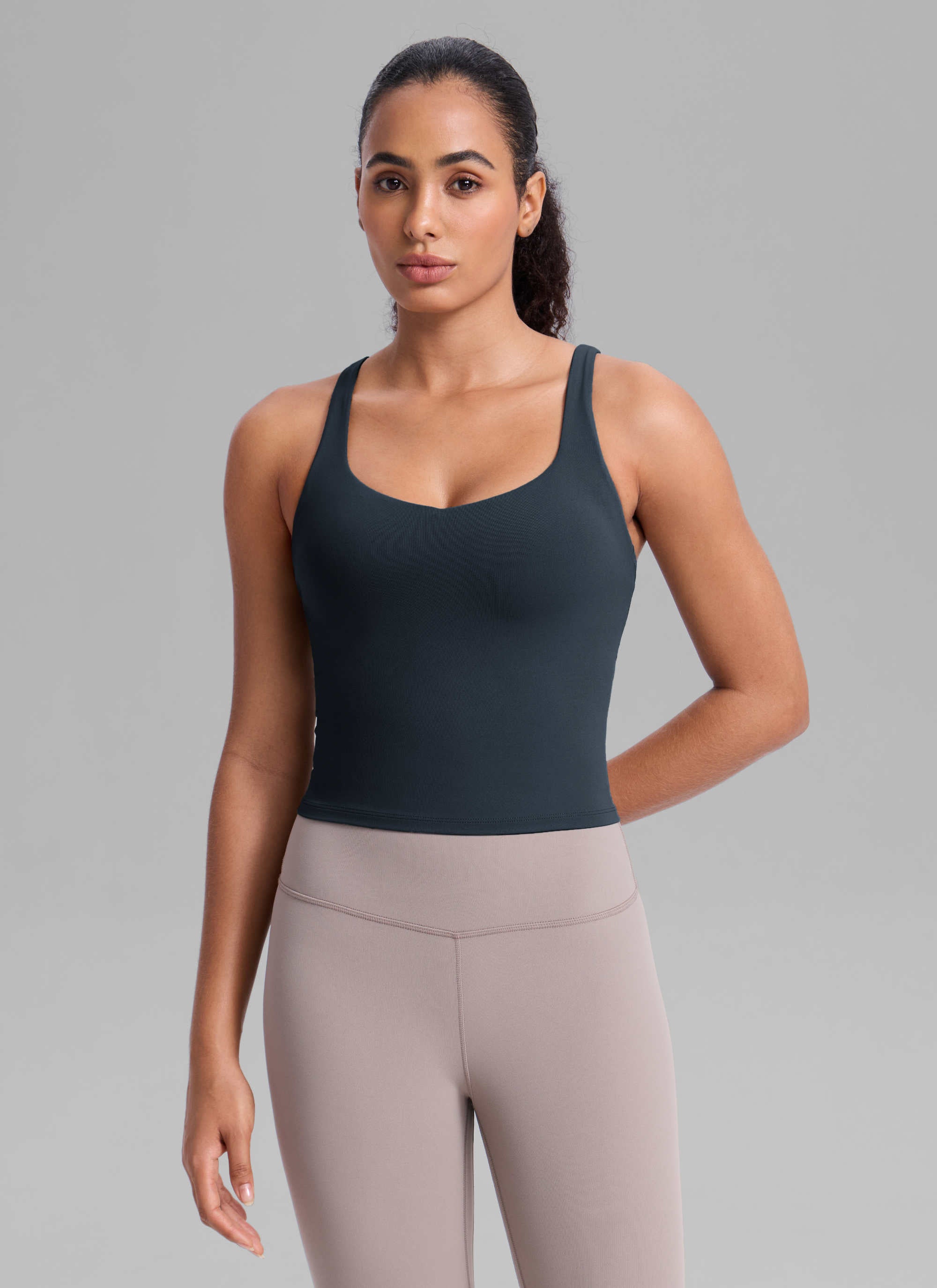 Butterlift CRZ YOGA Áo thun tập luyện dành cho nữ kiểu cổ chữ V, lưng khoét sâu, có áo lót tích hợp - Màu xanh hải quân đậm