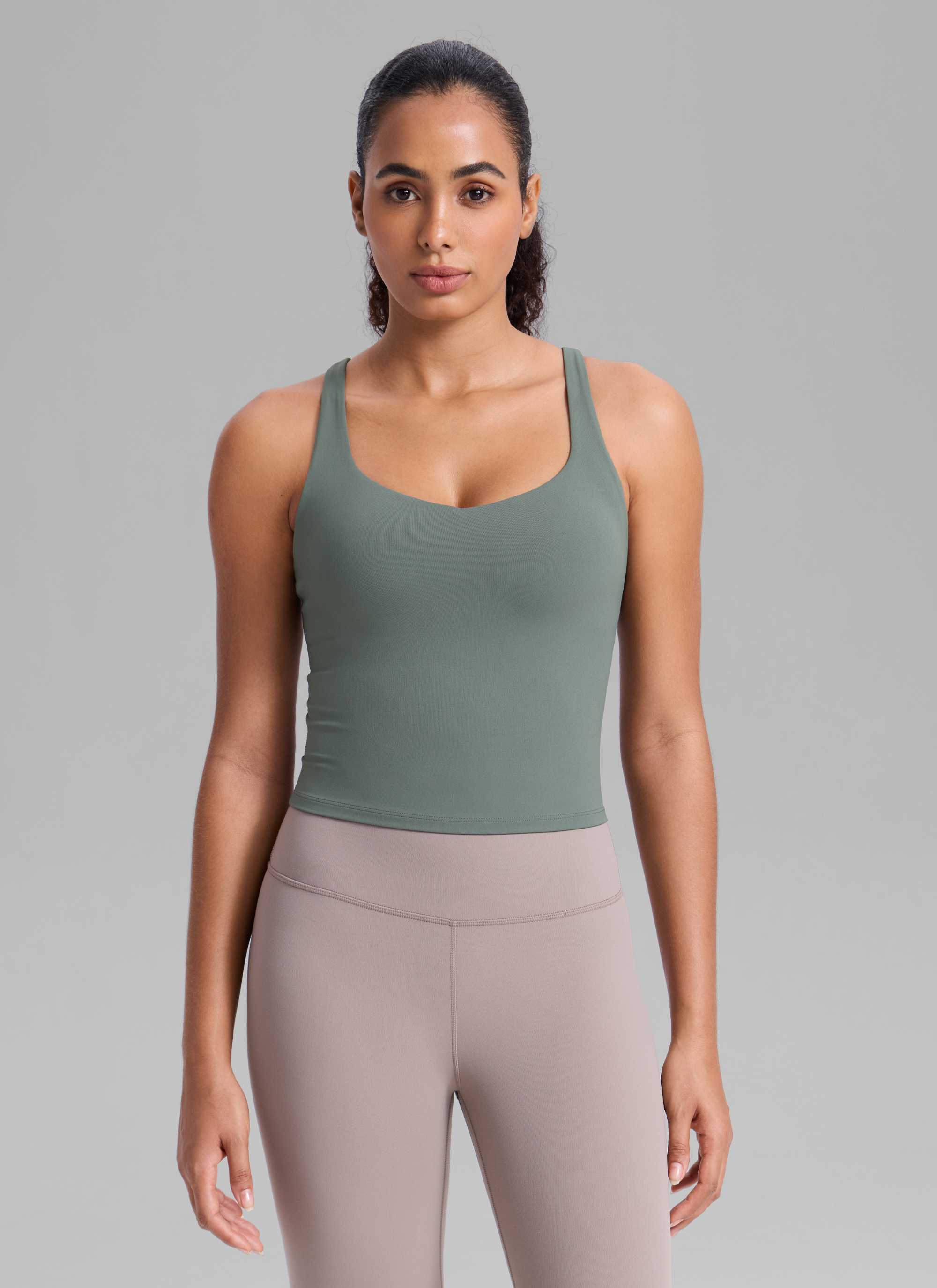 Butterlift CRZ YOGA Áo thun tập luyện dành cho nữ kiểu cổ chữ V, lưng khoét sâu, có áo lót tích hợp, màu xám Sage