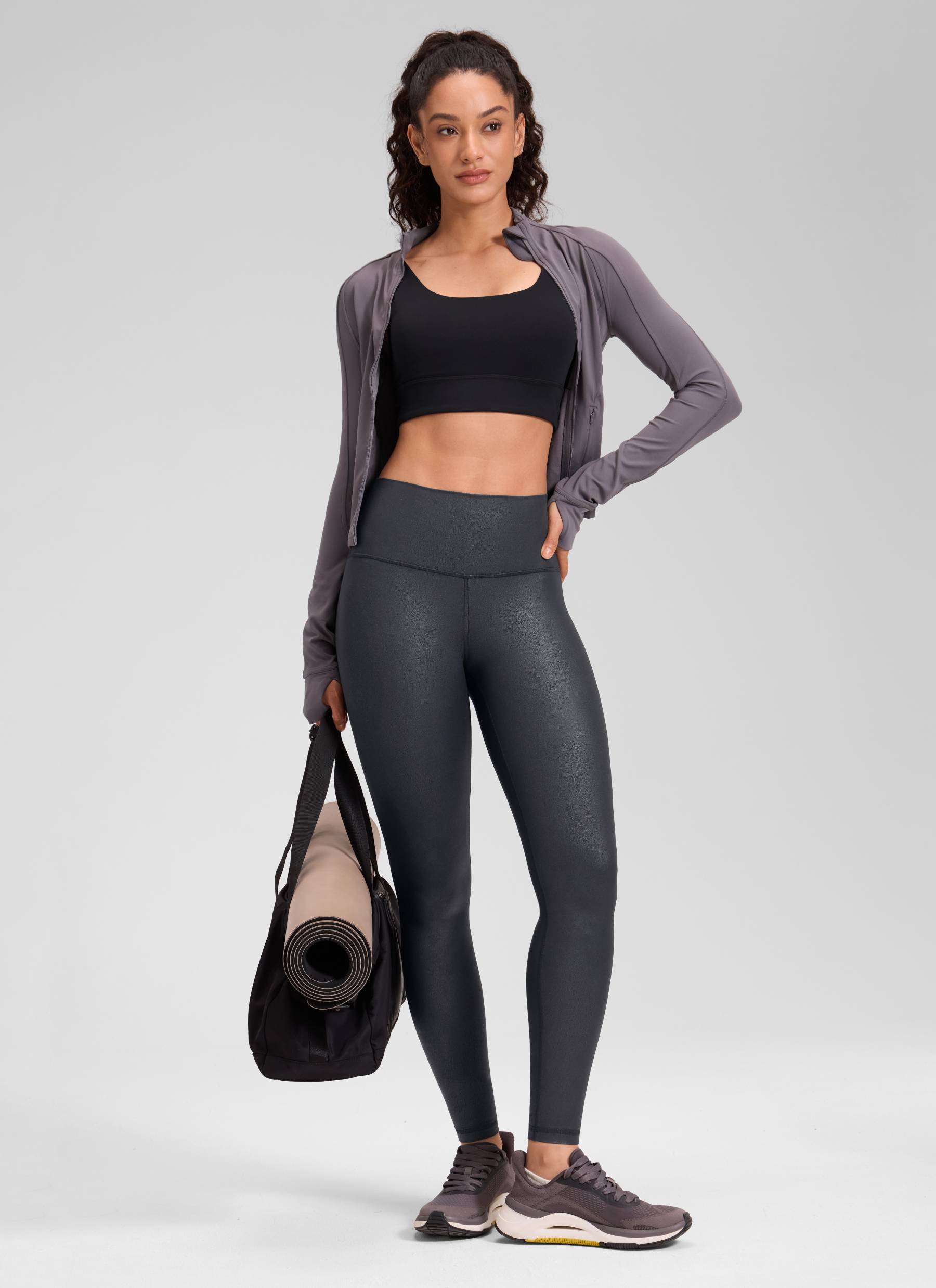 CRZ YOGA - Quần legging nữ chất liệu da nhân tạo mờ kiểu " Butterluxe ", cỡ 28', màu xám bí ẩn với họa tiết lá kim loại