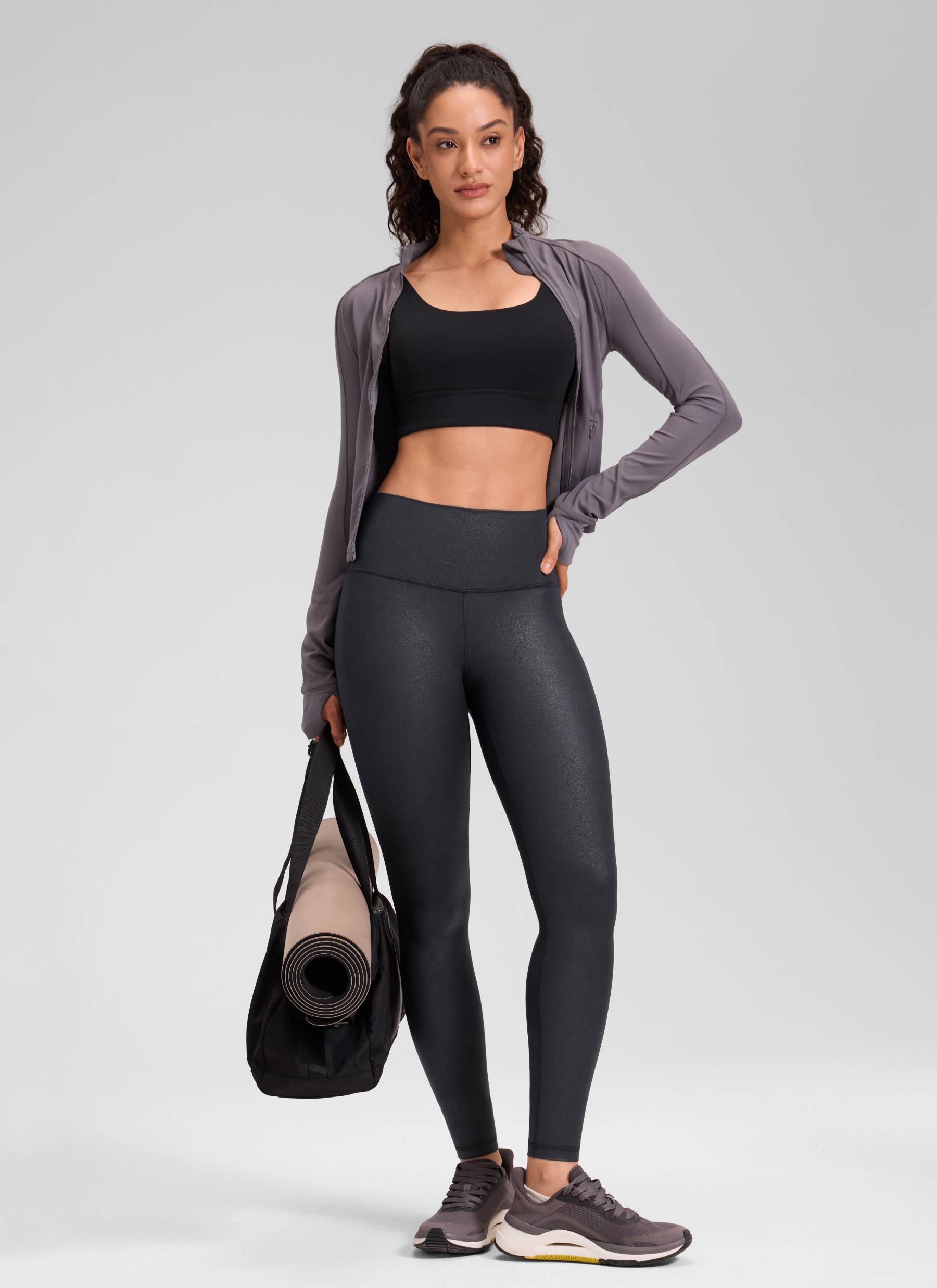 CRZ YOGA - Quần legging nữ chất liệu da nhân tạo mờ kiểu " Butterluxe " cỡ 28', màu đen với họa tiết lá kim loại