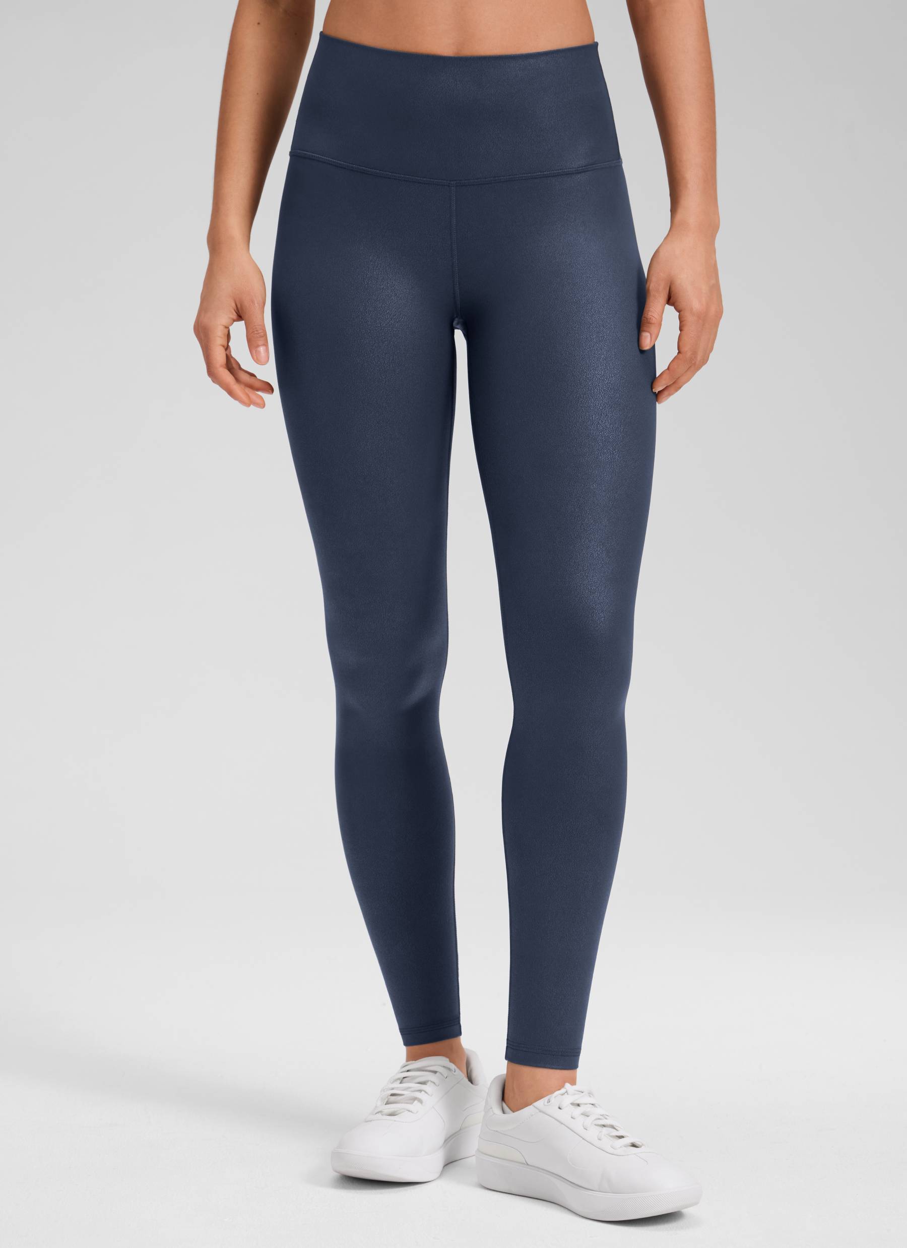 CRZ YOGA - Quần legging nữ chất liệu da nhân tạo mờ kiểu " Butterluxe " cỡ 28', màu xanh hải quân thật với họa tiết lá kim loại