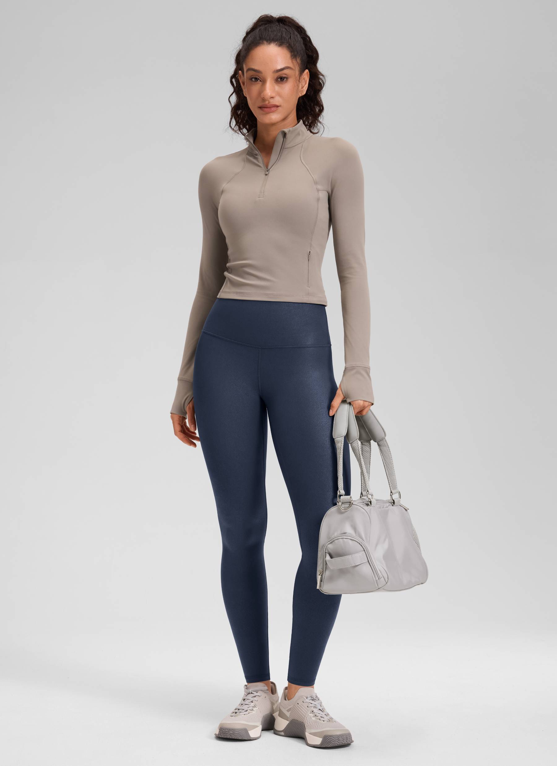 CRZ YOGA - Quần legging nữ chất liệu da nhân tạo mờ kiểu " Butterluxe " cỡ 28', màu xanh hải quân thật với họa tiết lá kim loại
