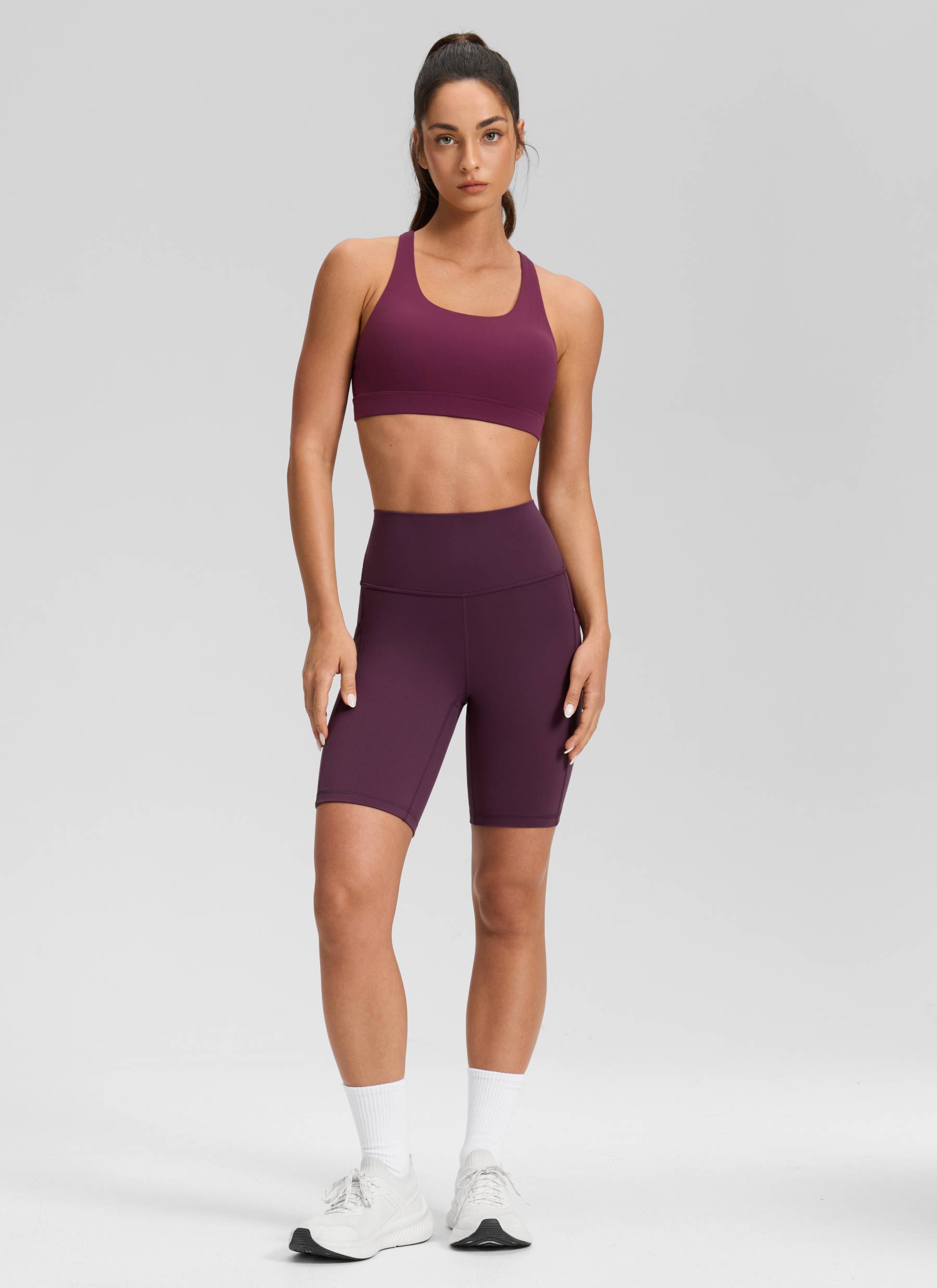CRZ YOGA Quần short yoga nữ cạp cao kiểu biker có túi kiểu “ Butterluxe ”, dài 8 inch, màu tím đậm