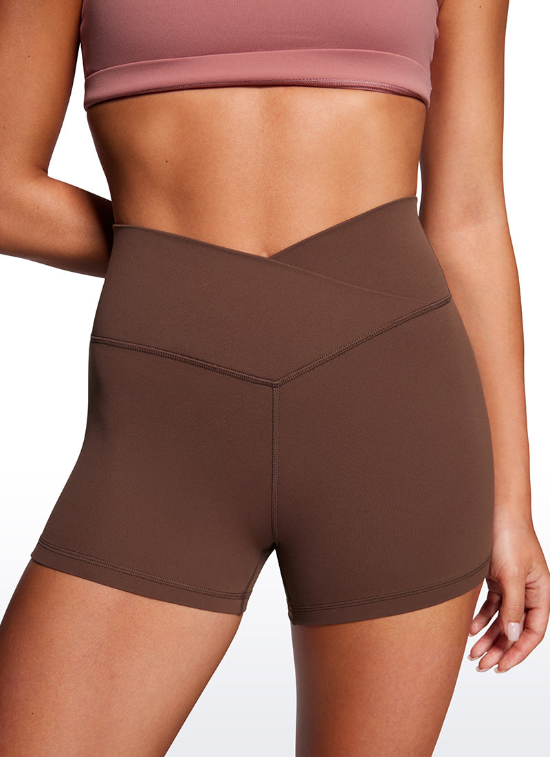 CRZ YOGA Quần đùi xe đạp nữ cạp cao kiểu " Butterluxe " với đường cắt chữ V ở eo, 3 inch, màu nâu cà phê