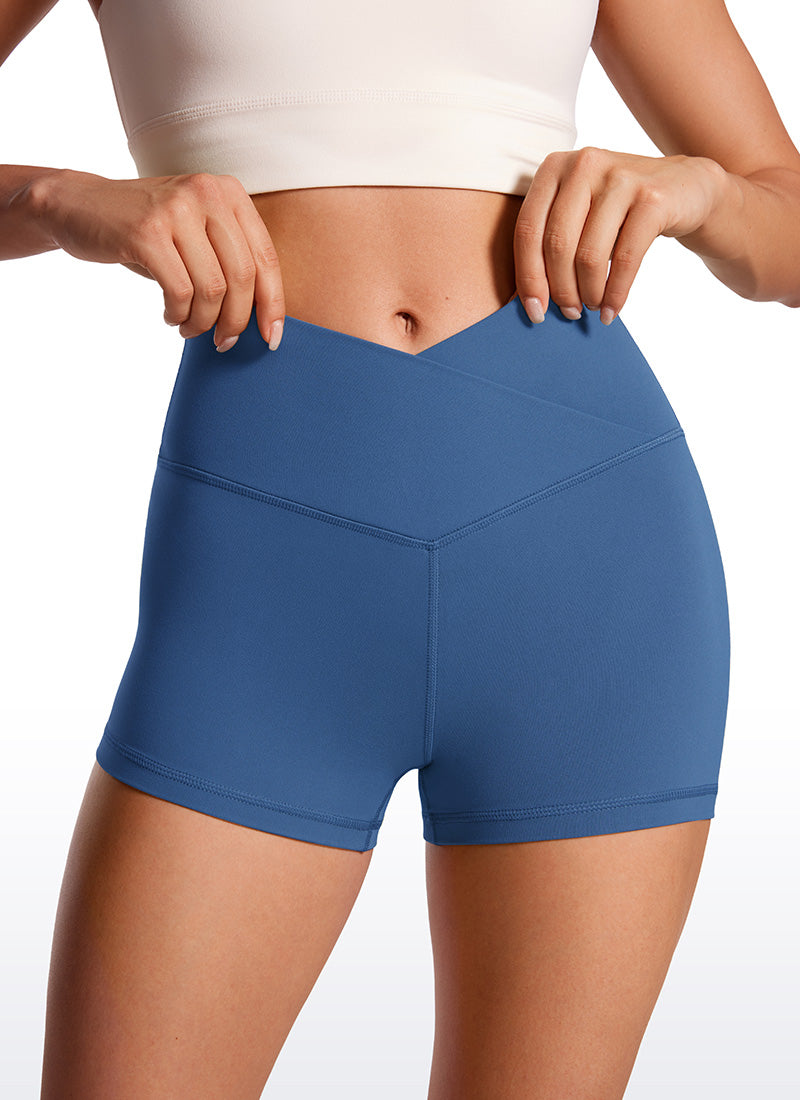 CRZ YOGA Quần short đạp xe nữ cạp cao, kiểu " Butterluxe " với đường chéo ở eo, khoảng cách giữa các đường may 3 inch, màu xanh dương