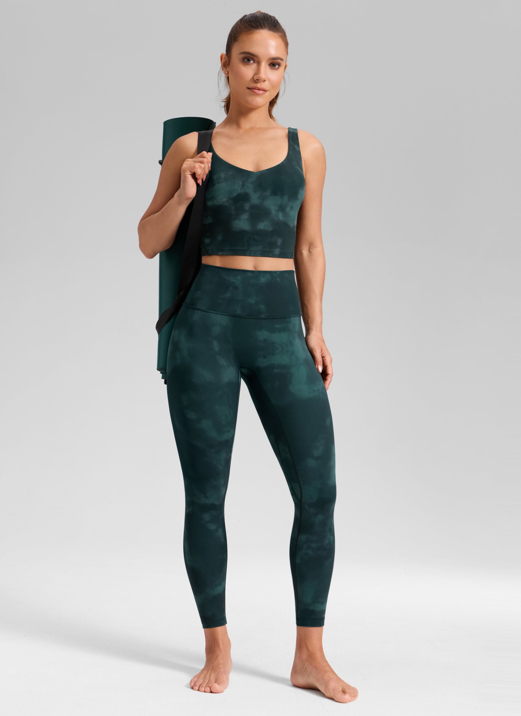 Butterluxe CRZ YOGA - Quần legging yoga nữ kiểu cạp cao không đường may phía trước, in hoa tie-dye màu xanh ngọc lục bảo, chiều dài 25 inch