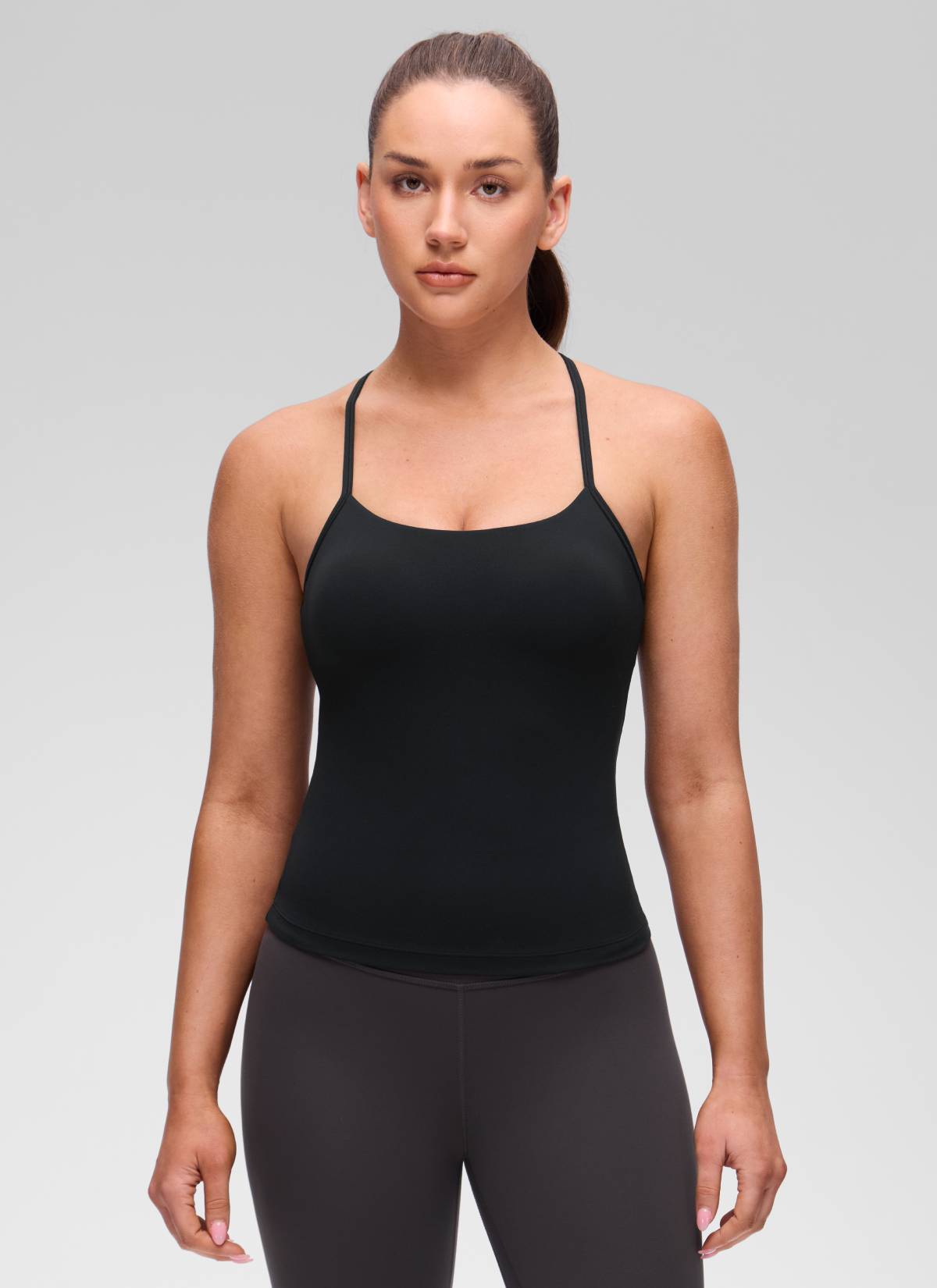 CRZ YOGA Áo thun yoga nữ ôm sát, cổ tròn, tay ngắn, có áo lót tích hợp, kiểu lưng chữ Y, màu đen ( Butterluxe )