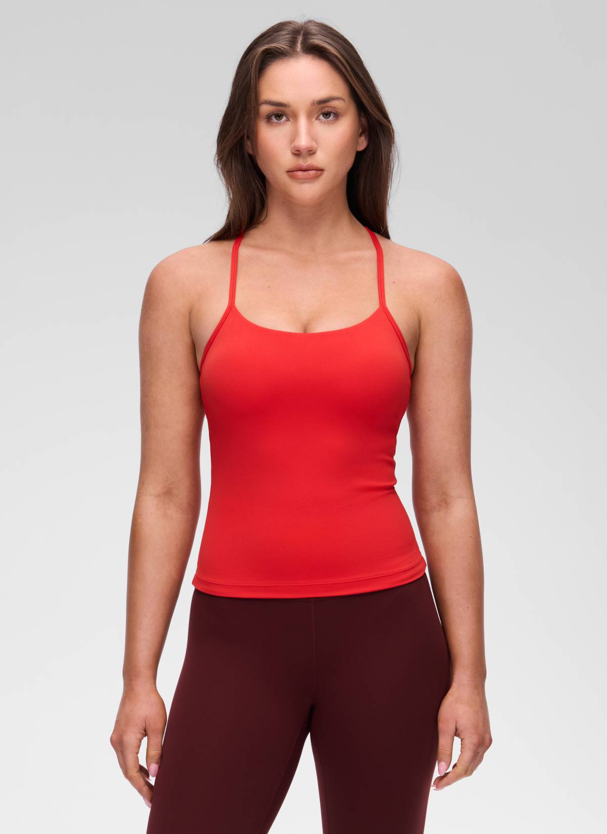 CRZ YOGA Áo thun yoga nữ dáng ôm sát, cổ tròn, tay ngắn, có áo lót tích hợp, kiểu lưng chữ Y, màu đỏ đậm Butterluxe