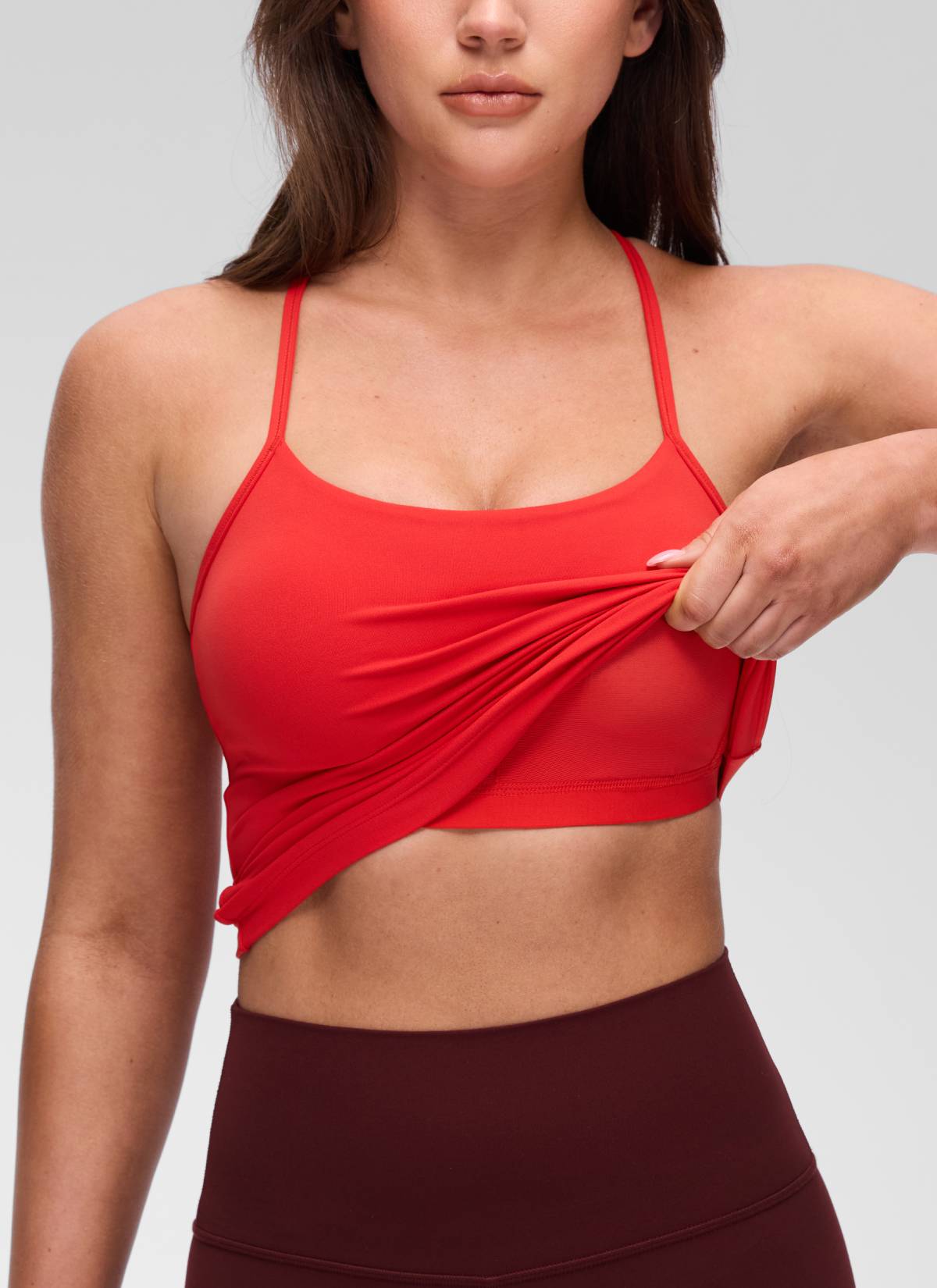 CRZ YOGA Áo thun yoga nữ dáng ôm sát, cổ tròn, tay ngắn, có áo lót tích hợp, kiểu lưng chữ Y, màu đỏ đậm Butterluxe