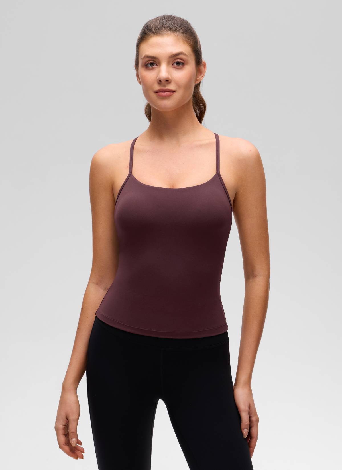 Butterluxe CRZ YOGA Áo thun yoga nữ ôm sát, cổ tròn, tay ngắn, có áo lót tích hợp, kiểu lưng chữ Y, màu mận chín