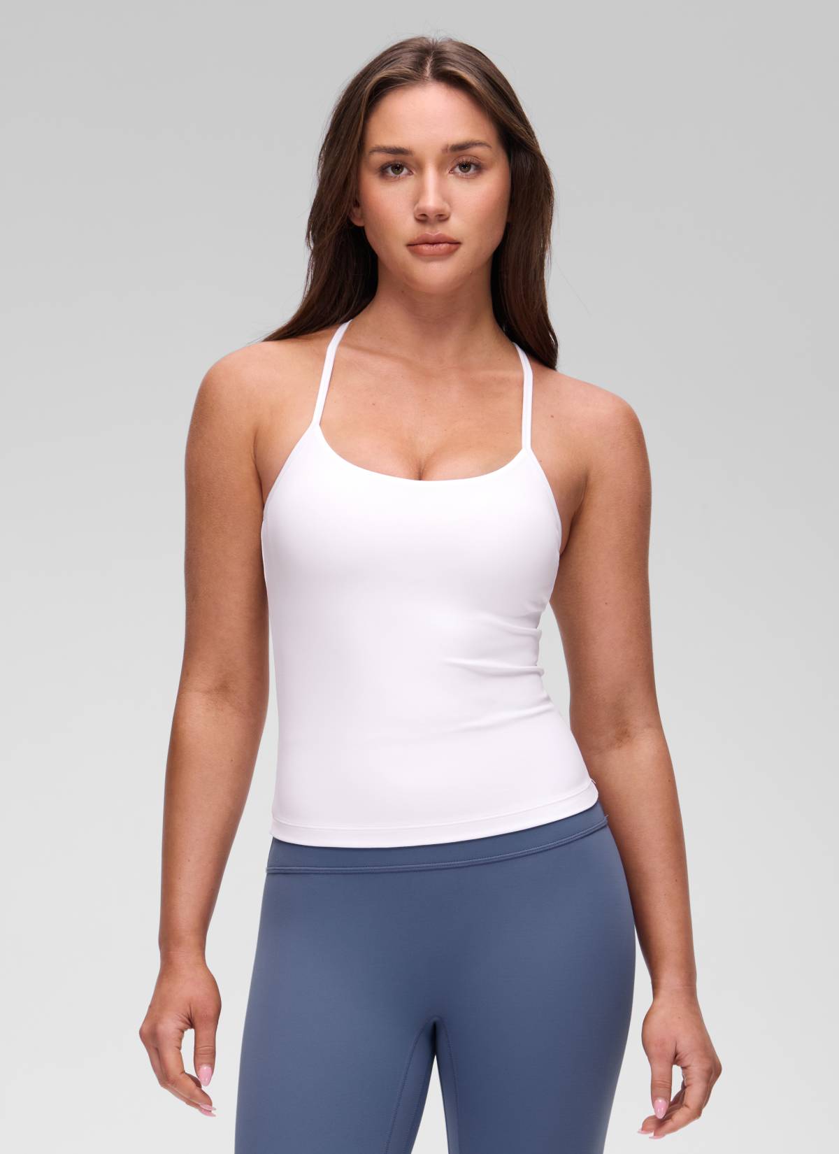 CRZ YOGA Áo thun yoga nữ dáng ôm sát, cổ tròn, tay ngắn, có áo lót tích hợp, kiểu lưng chữ Y, màu trắng Butterluxe