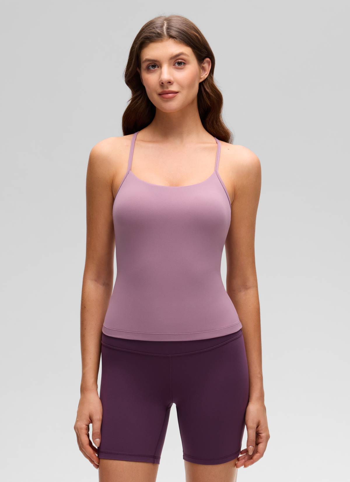 Butterluxe CRZ YOGA Áo thun yoga nữ dáng ôm sát, cổ chữ V, tay ngắn, có áo lót tích hợp, lưng chữ Y, màu tím nhạt