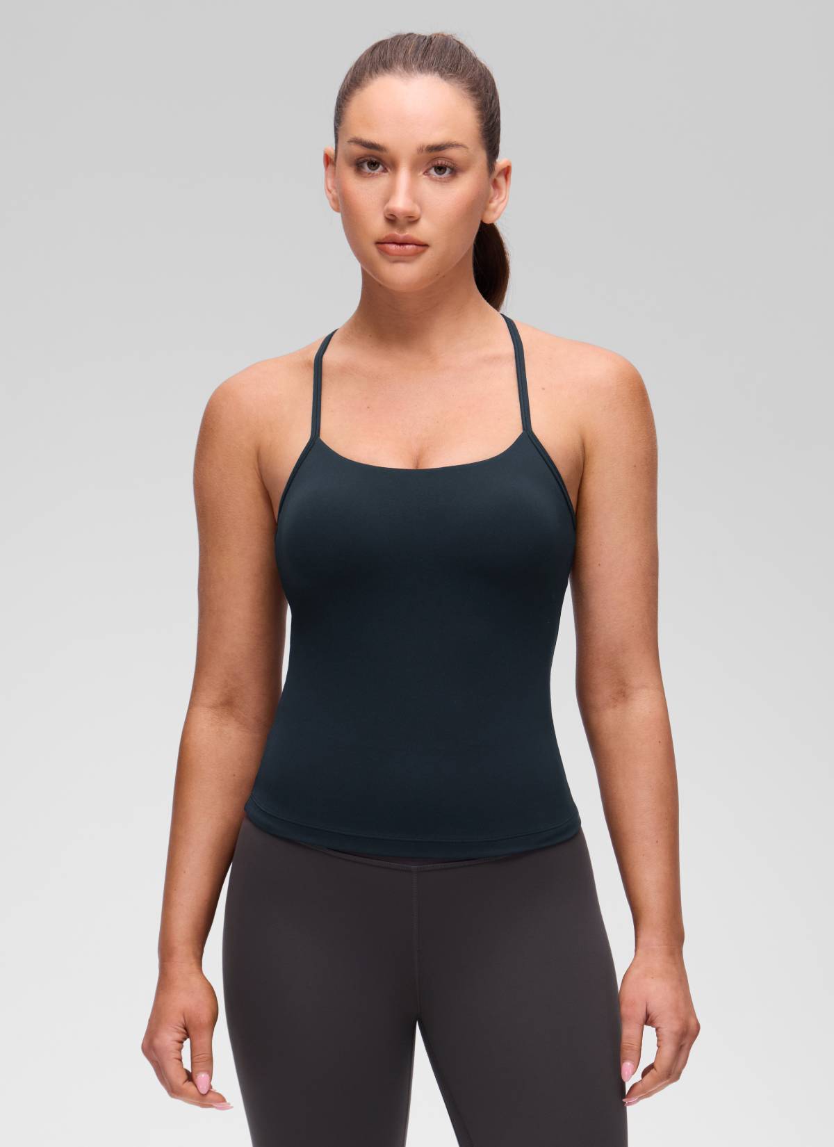Butterluxe CRZ YOGA Áo thun yoga nữ dáng ôm sát, cổ tròn, tay ngắn, có áo lót tích hợp, lưng chữ Y, màu xanh hải quân đậm