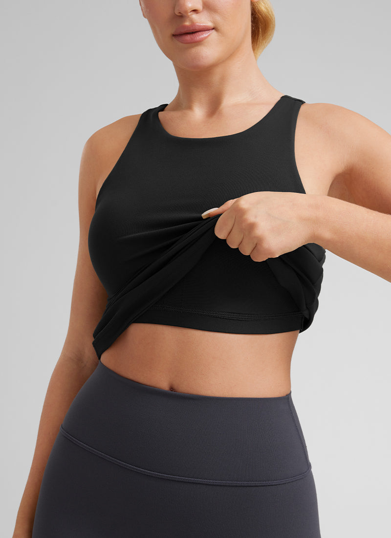 Áo thun yoga nữ CRZ YOGA kiểu ôm sát, cổ cao, lưng khoét sâu, tay không, màu đen, thuộc bộ sưu tập “ Butterluxe ”