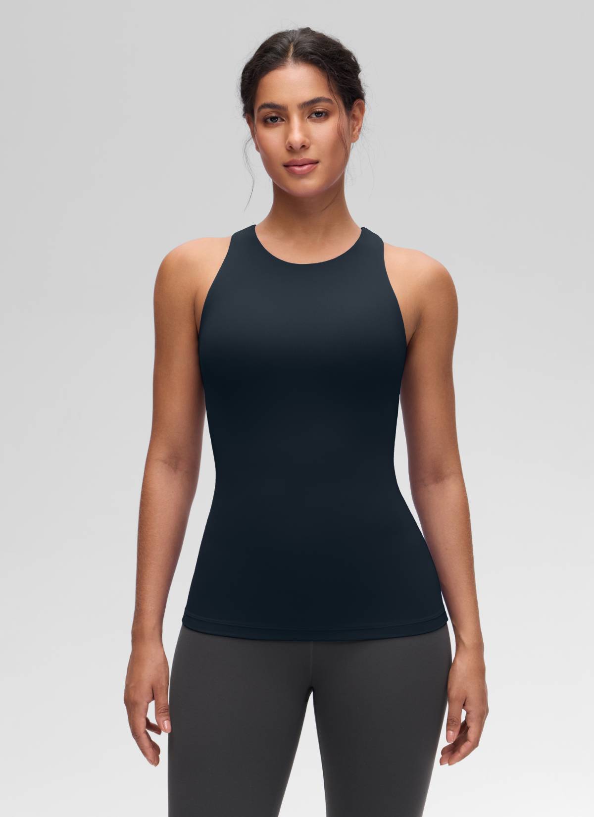 Áo thun yoga nữ CRZ YOGA kiểu ôm sát, cổ cao, lưng khoét sâu, tay không, màu xanh navy đậm ( Butterluxe )