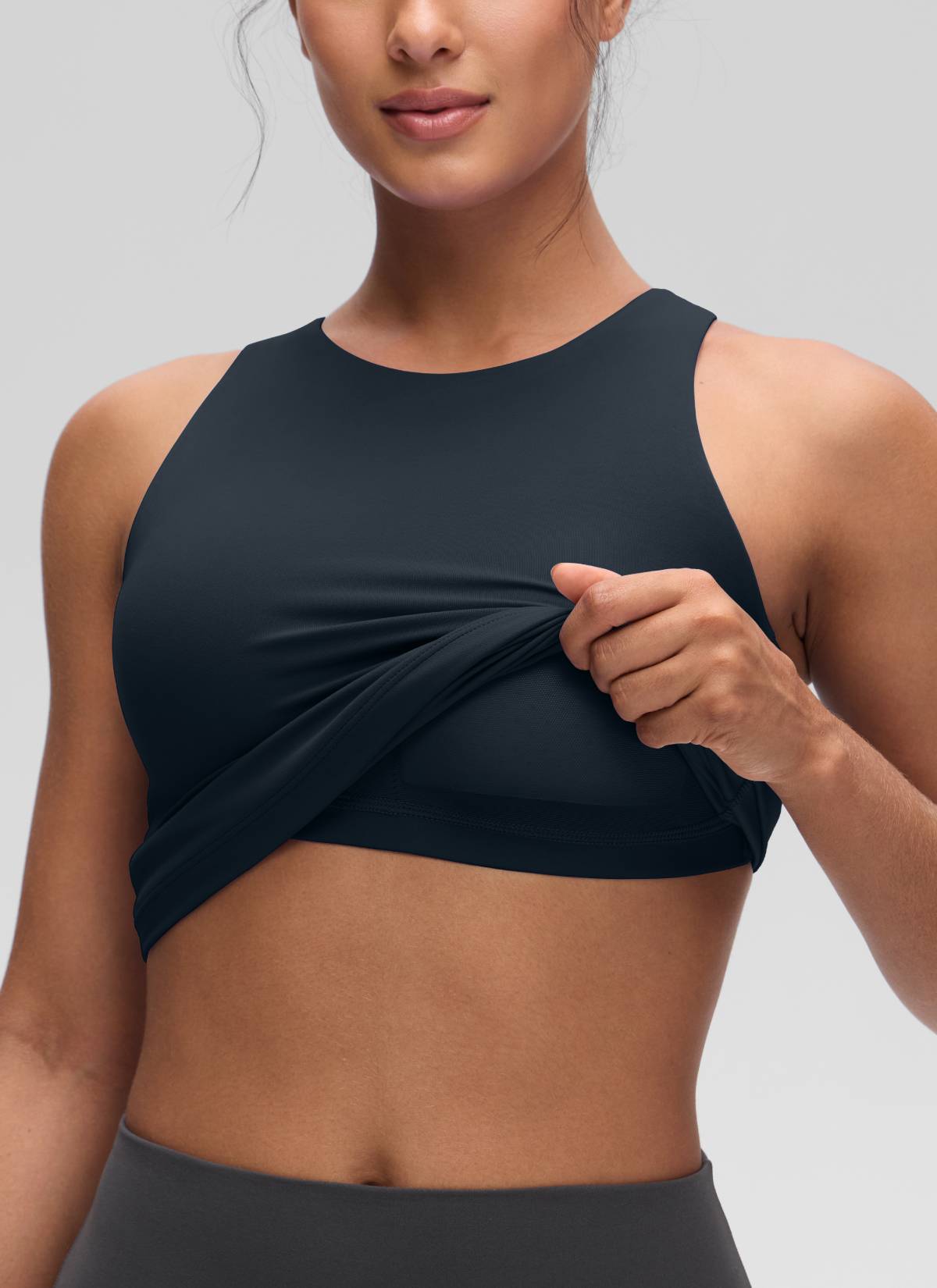 Áo thun yoga nữ CRZ YOGA kiểu ôm sát, cổ cao, lưng khoét sâu, tay không, màu xanh navy đậm ( Butterluxe )