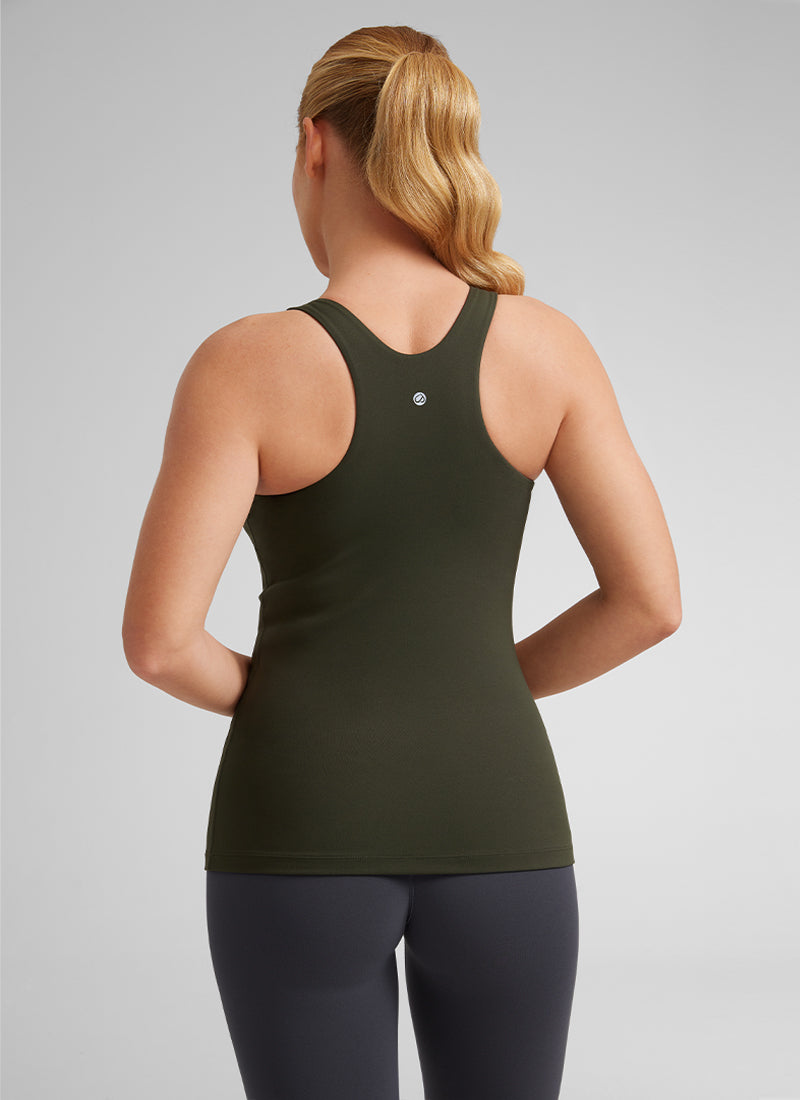 Áo thun yoga nữ CRZ YOGA kiểu ôm sát, kiểu tank top cổ cao, lưng khoét sâu, màu xanh ô liu Butterluxe